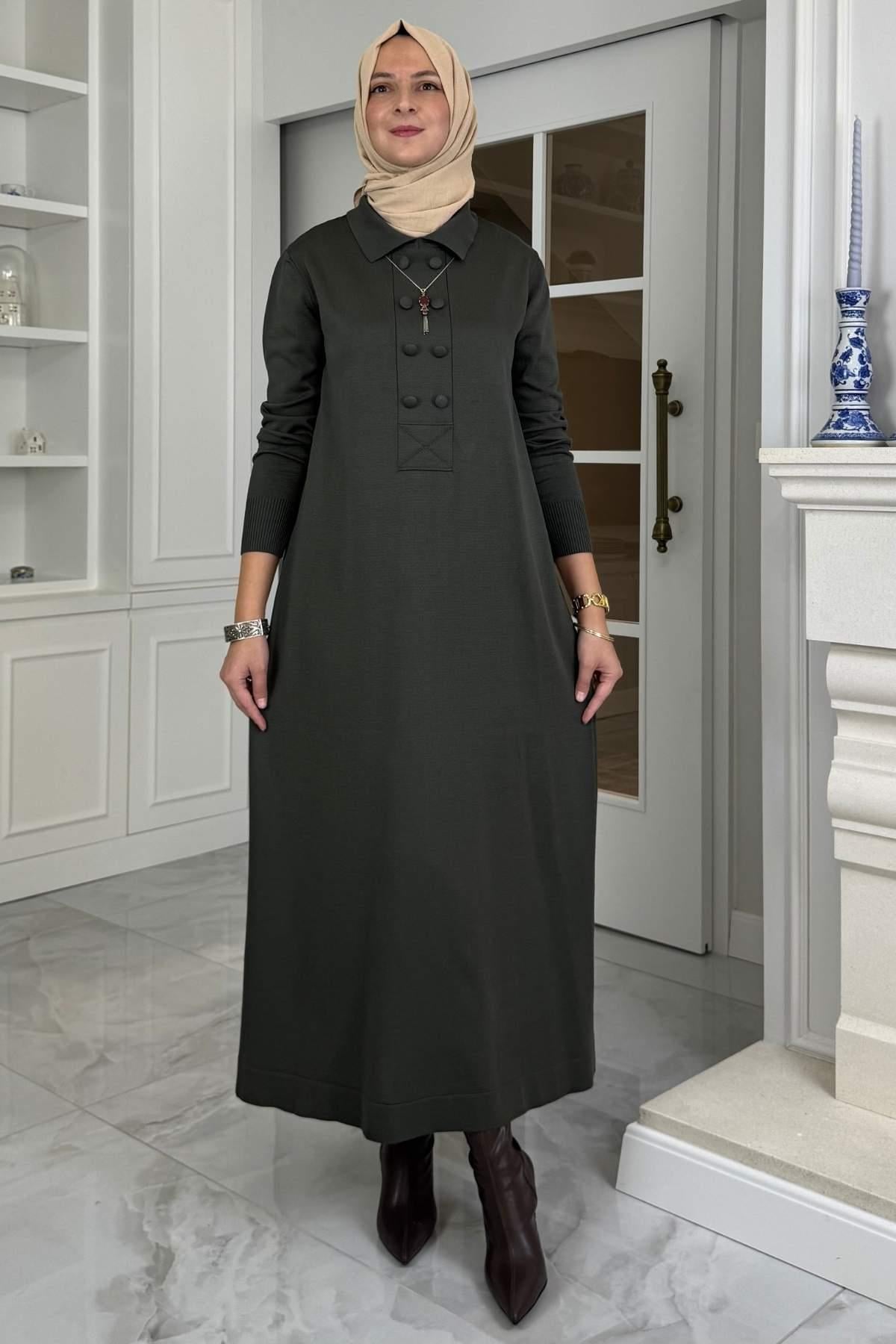 Laçin Triko Elbise Haki | Rabia Şamlı | Tesettür Giyim, Elbise ve Kadın Giyim Modası