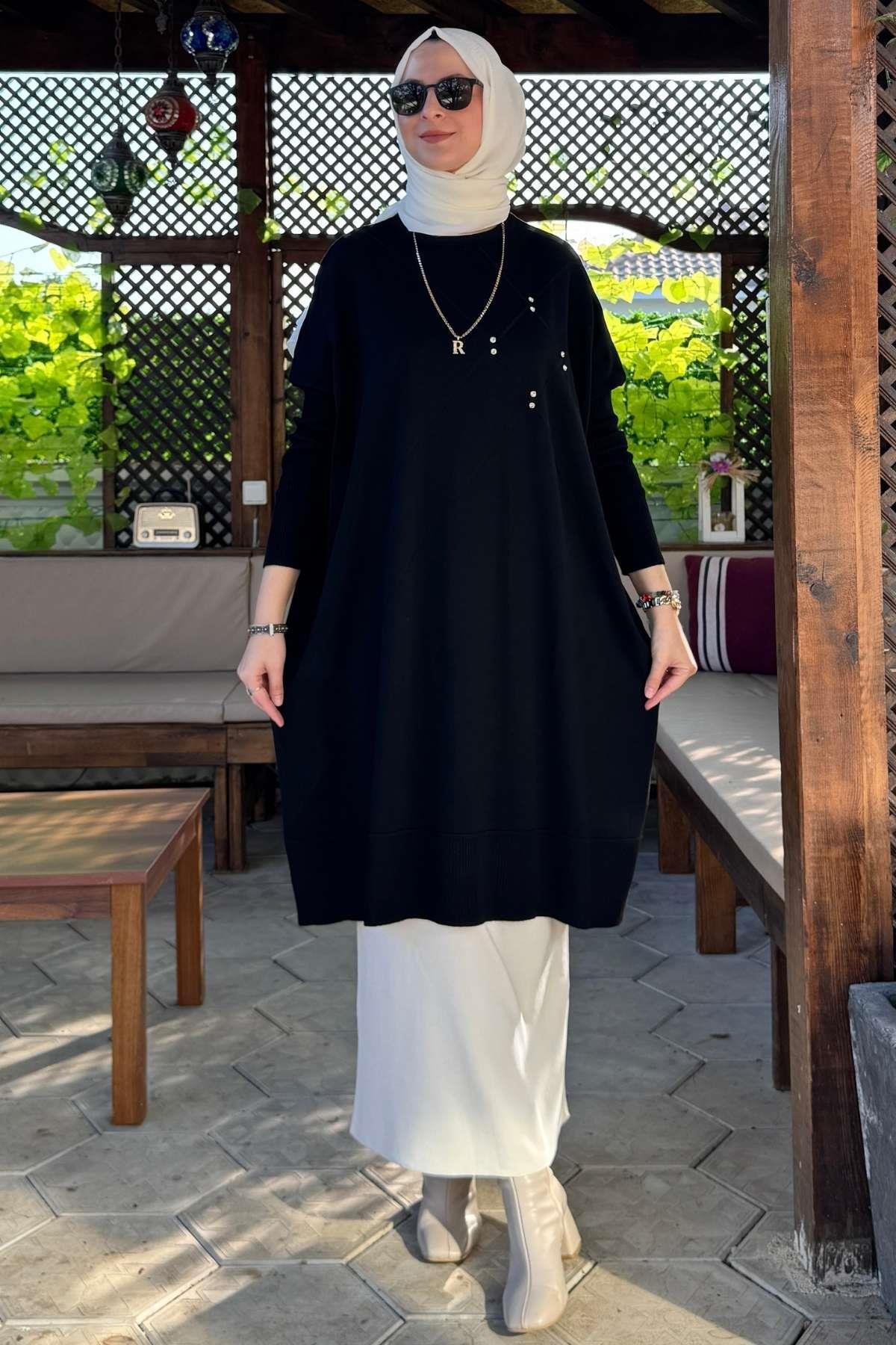 Hamiyet Çizgili Triko Tunik Siyah | Rabia Şamlı | Tesettür Giyim, Elbise ve Kadın Giyim Modası