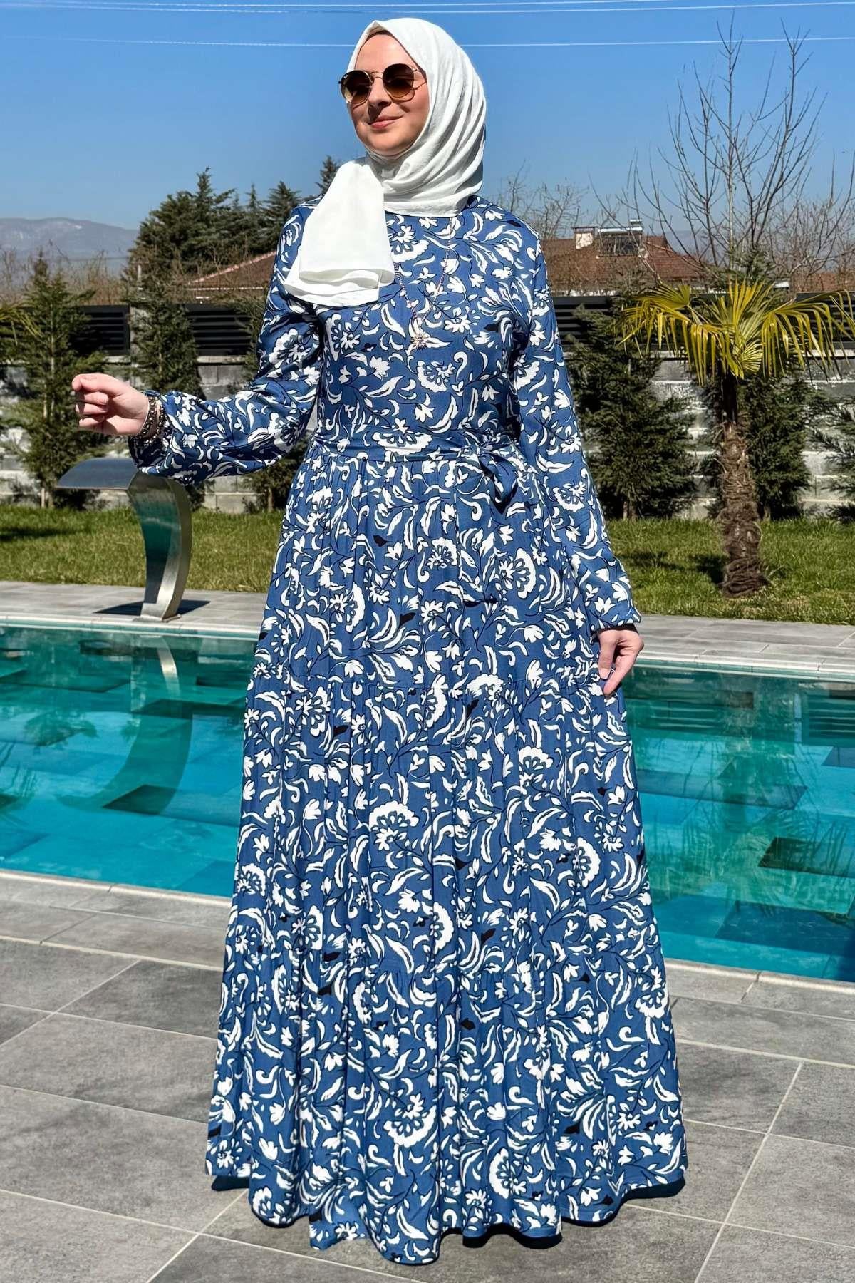 Su Desenli Elbise Kahve | Rabia Şamlı | Tesettür Giyim, Elbise ve Kadın Giyim Modası