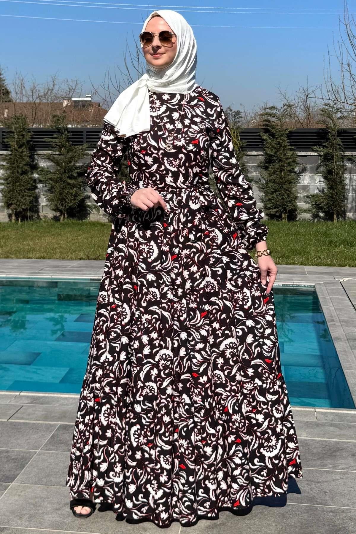 Su Desenli Elbise Kahve | Rabia Şamlı | Tesettür Giyim, Elbise ve Kadın Giyim Modası