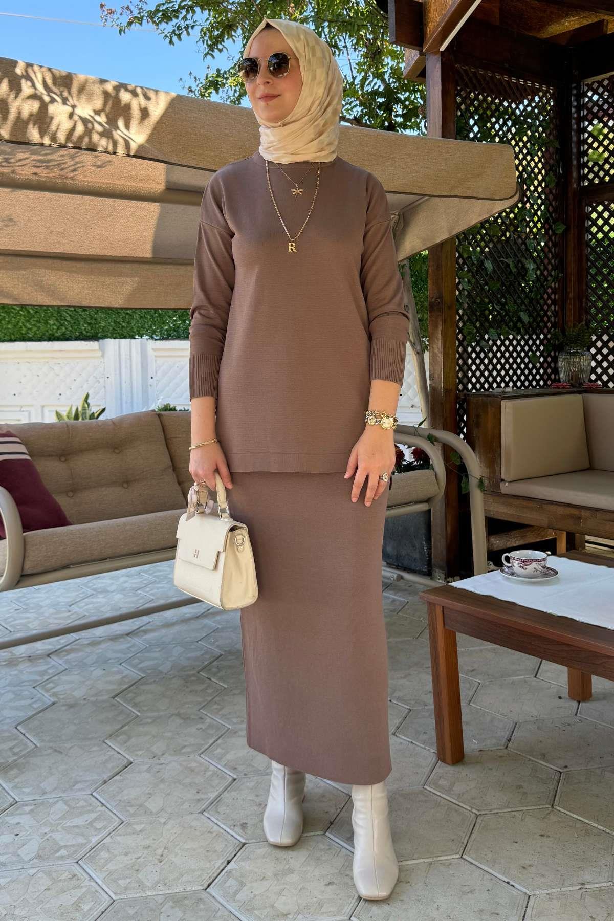 İnci Plise Etekli Triko Takım Bordo | Rabia Şamlı