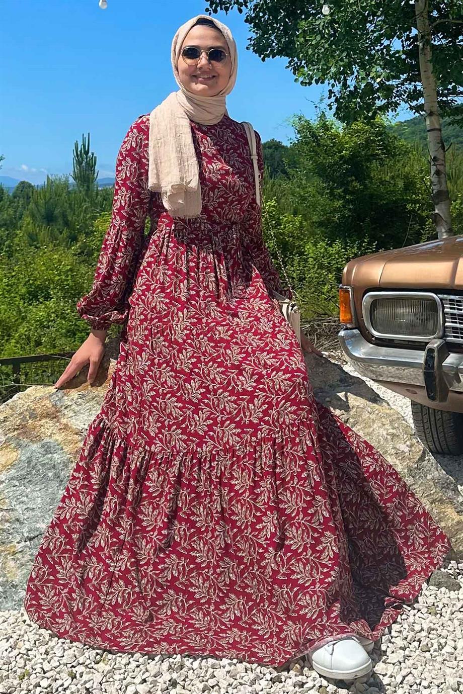 Asil Desenli Bordo Elbise - Rabia Şamlı | Tesettür Giyim, Elbise ve Kadın  Giyim Modası