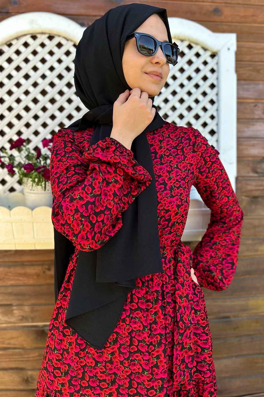 Asil Kırmızı Çiçekli Elbise | Rabia Şamlı | Tesettür Giyim, Elbise ve Kadın  Giyim Modası