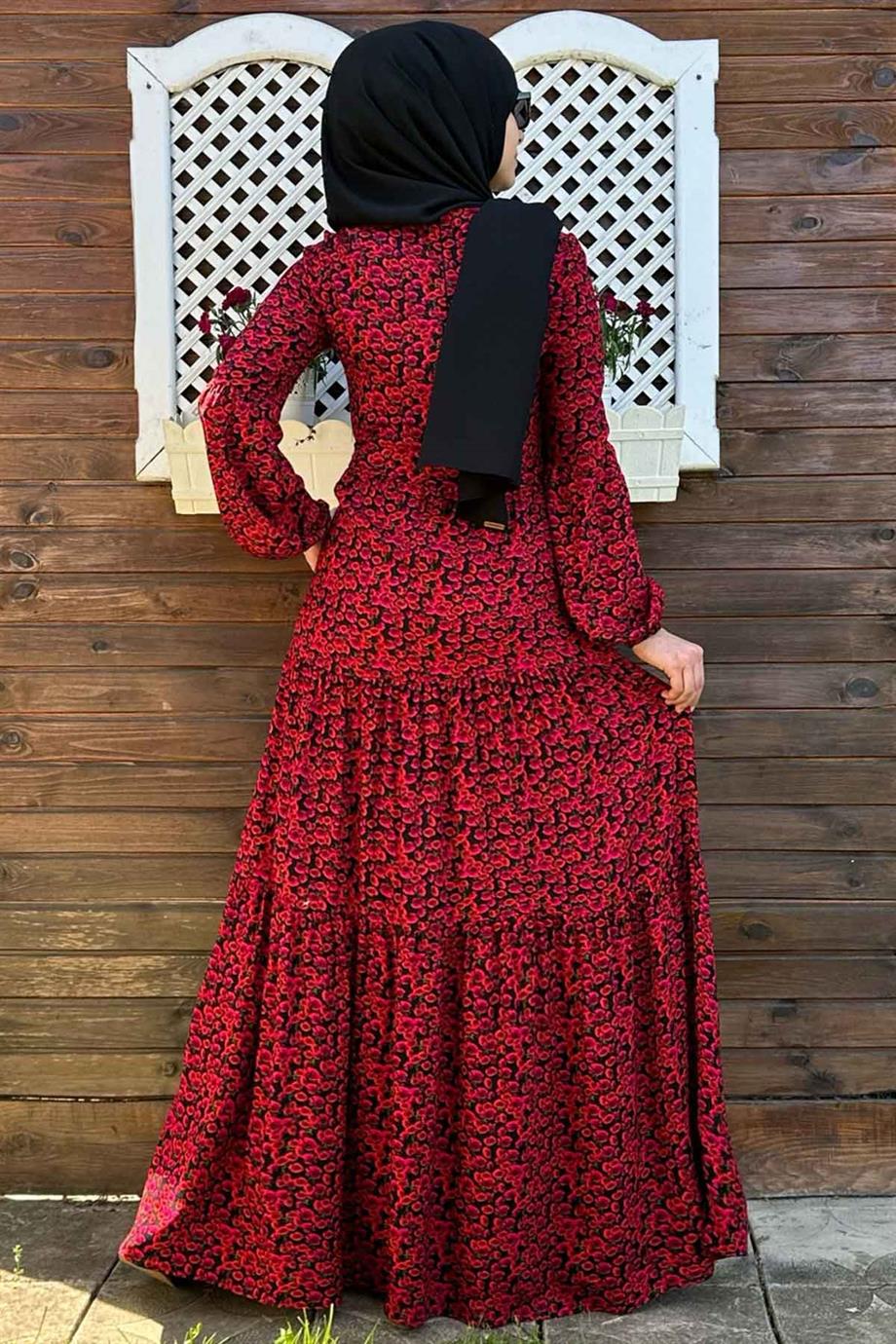 Asil Kırmızı Çiçekli Elbise | Rabia Şamlı | Tesettür Giyim, Elbise ve Kadın  Giyim Modası