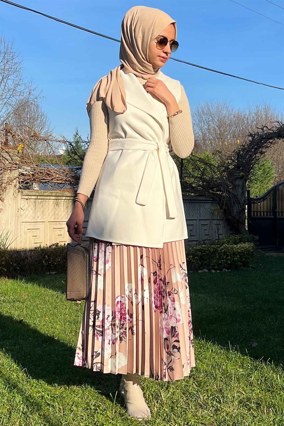 Bej Çiçekli Plise Etek | ETEK