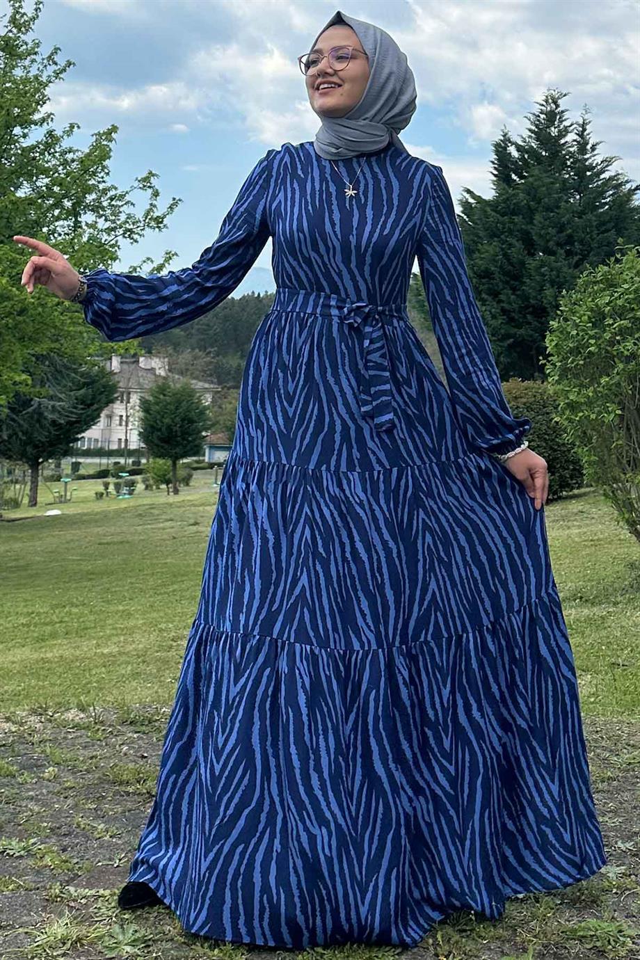 Belçin Zebra Mavi Elbise | Rabia Şamlı | Tesettür Elbise ve Kadın Giyim  Modası