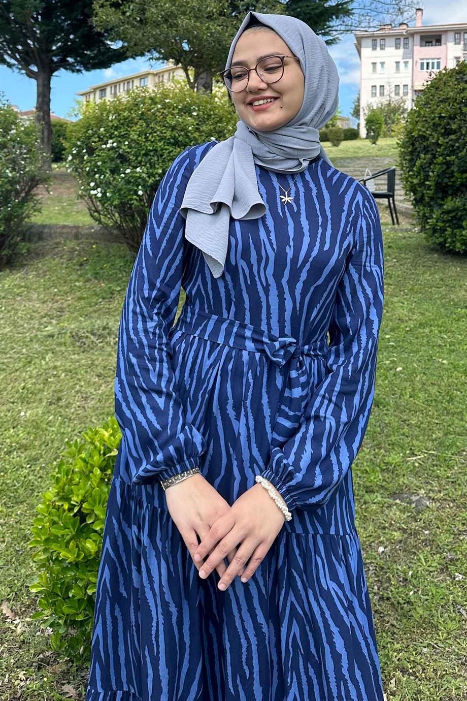 Belçin Zebra Mavi Elbise | Rabia Şamlı | Tesettür Giyim, Elbise ve
