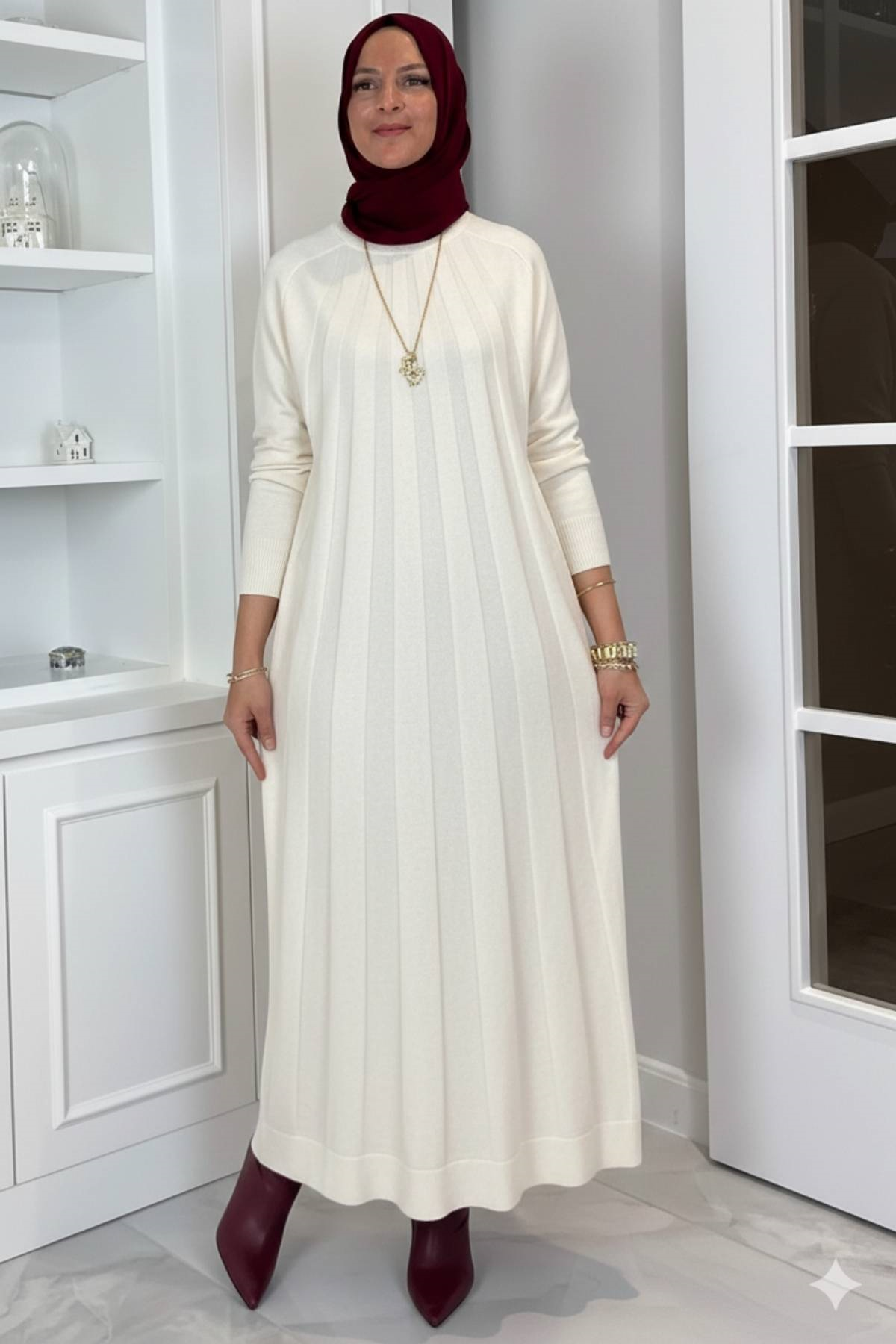 Beyza Fitilli Triko Elbise Bej | Rabia Şamlı | Tesettür Giyim, Elbise ve Kadın Giyim Modası