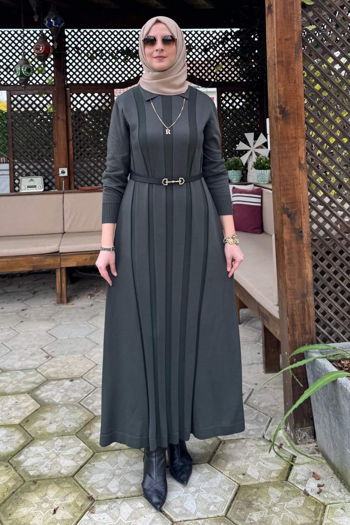 Biricik Kemerli Triko Elbise Haki