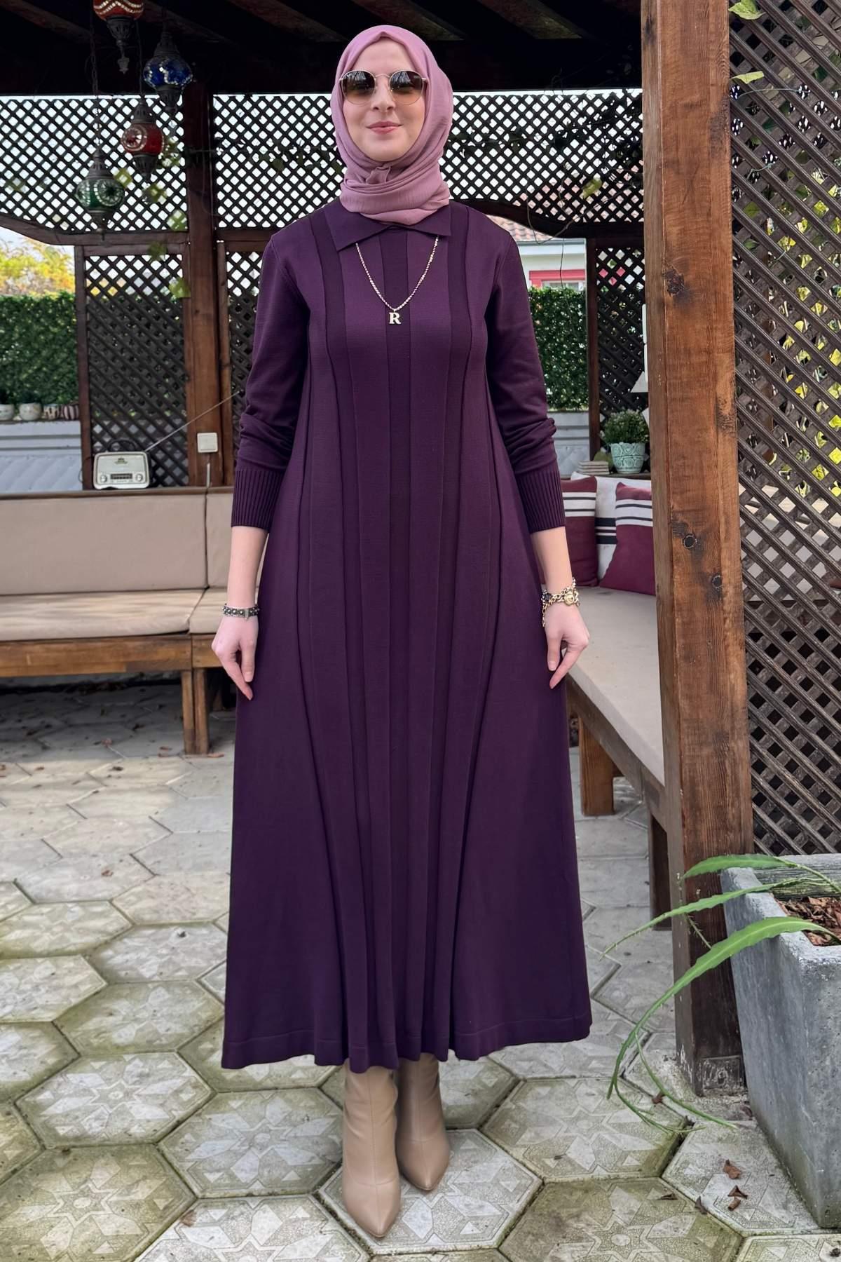 Biricik Kemerli Triko Elbise Mürdüm