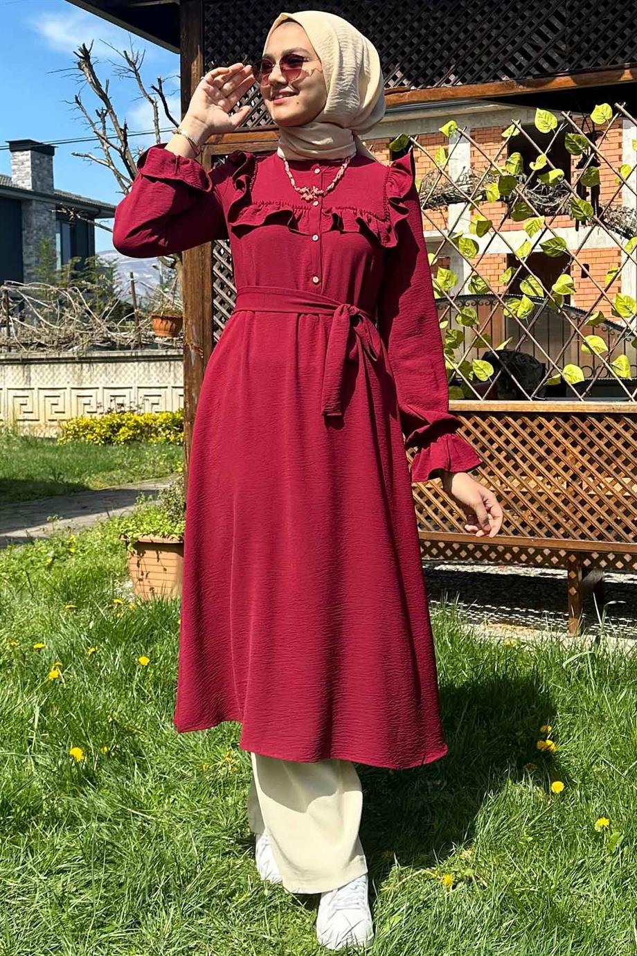 Bordo Fırfırlı Tunik - Rabia Şamlı | Tesettür Giyim, Elbise ve Kadın Giyim  Modası