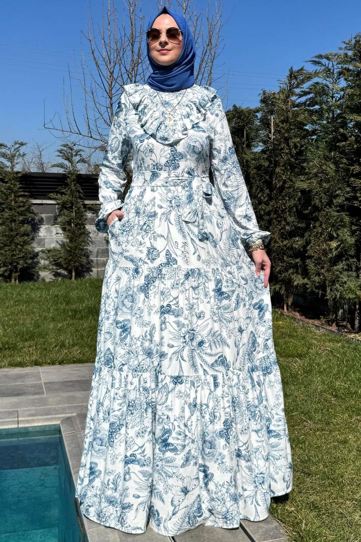 Su Desenli Elbise Kahve | Rabia Şamlı | Tesettür Giyim, Elbise ve Kadın Giyim Modası