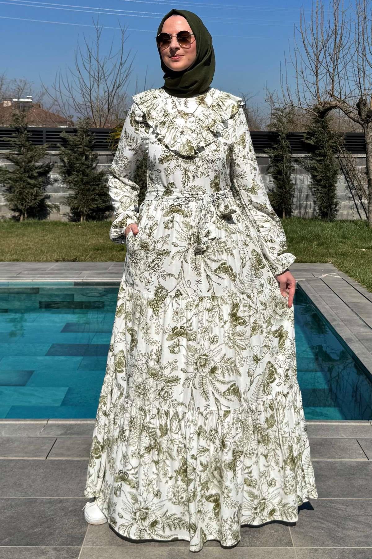 Su Desenli Elbise Kahve | Rabia Şamlı | Tesettür Giyim, Elbise ve Kadın Giyim Modası