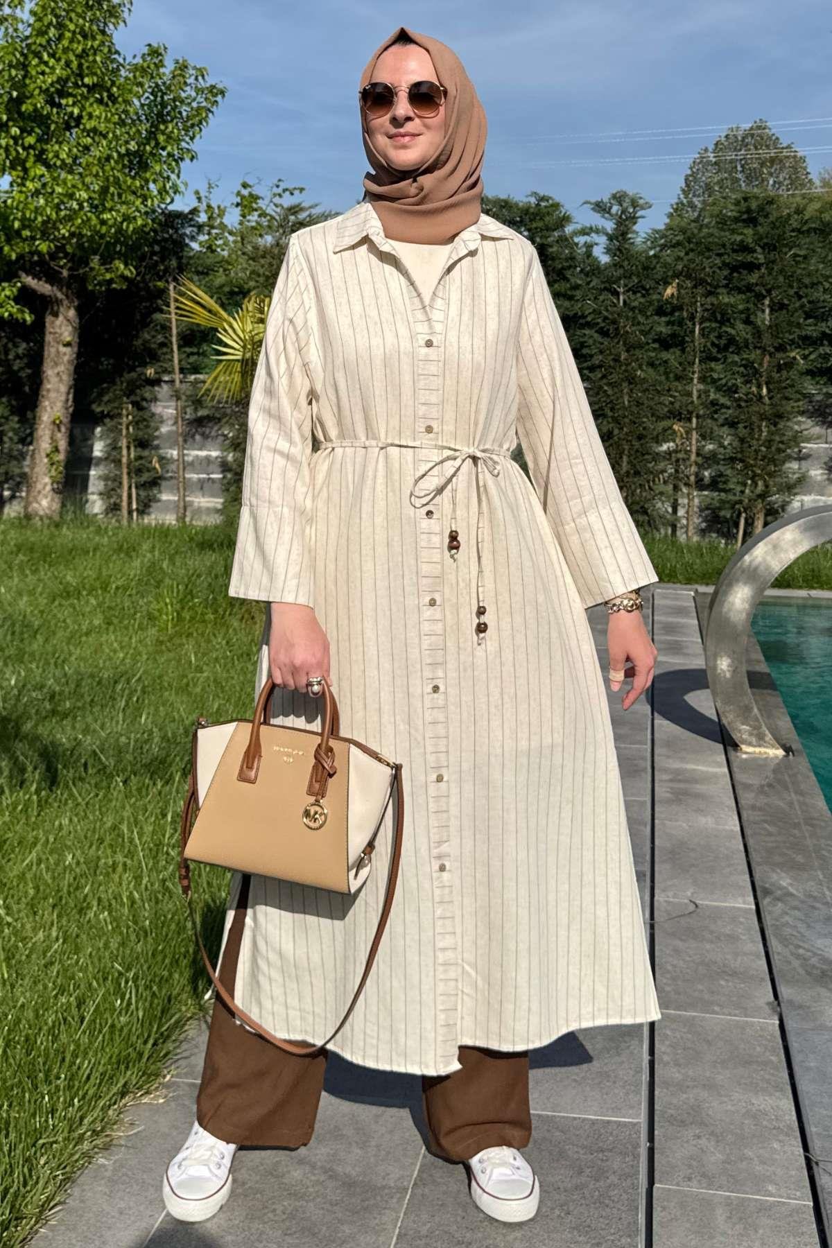 Çizgili Natural Kap Kahve | Rabia Şamlı | Tesettür Giyim, Elbise