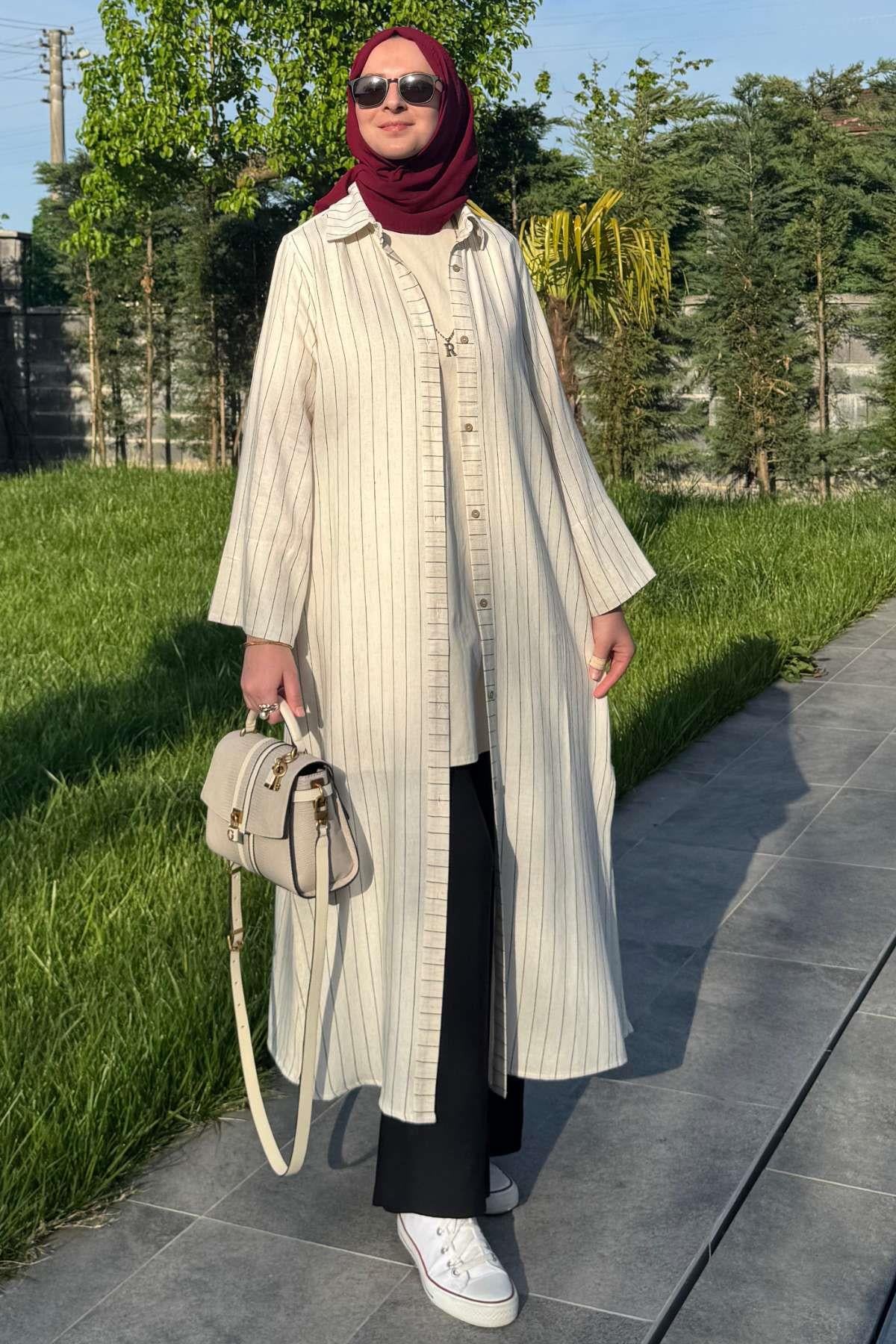Siyah Çizgili Natural Kap | Rabia Şamlı | Tesettür Giyim, Elbise ve Kadın Giyim Modası
