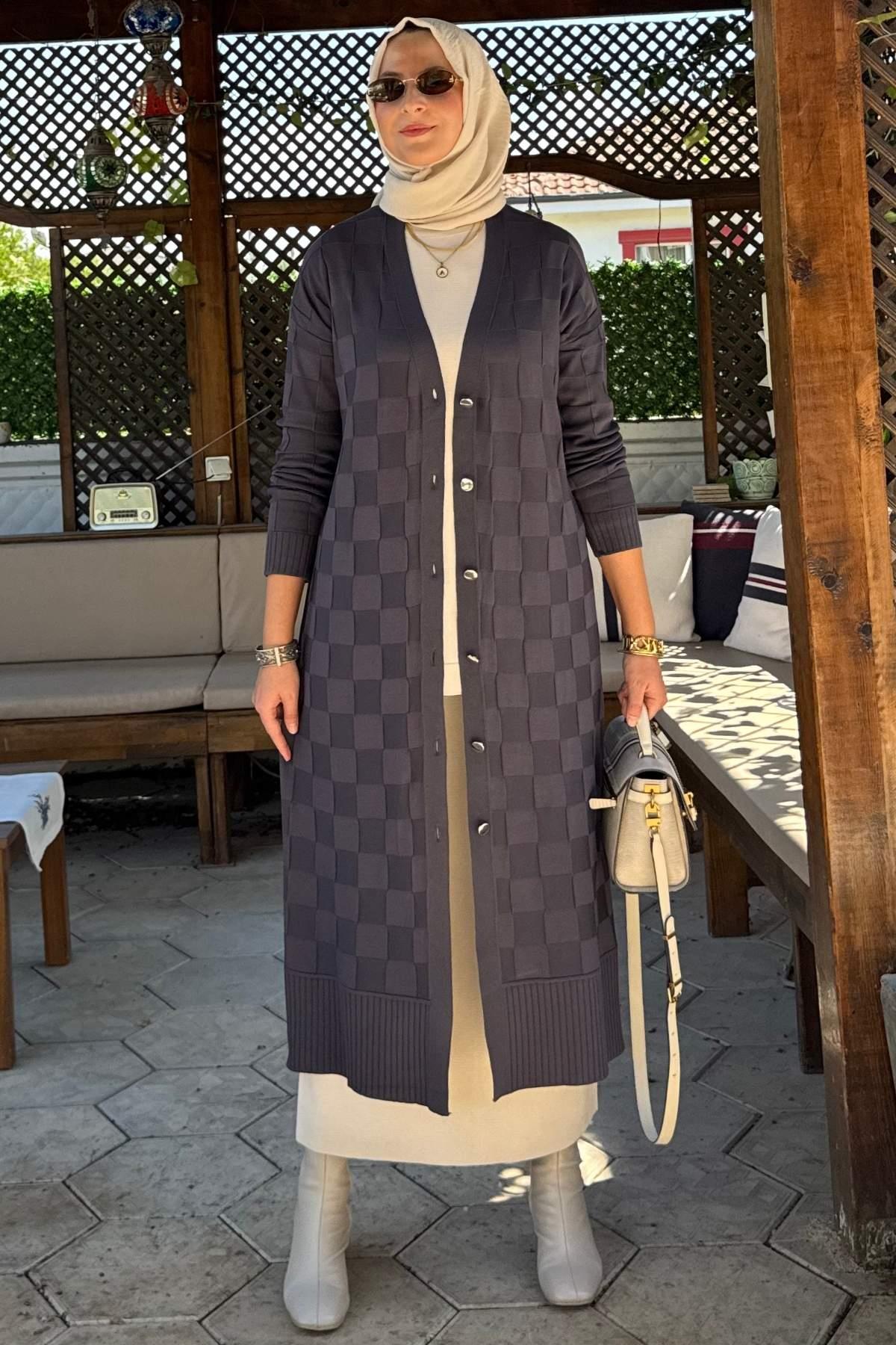 Dama Desenli Triko Hırka Antrasit