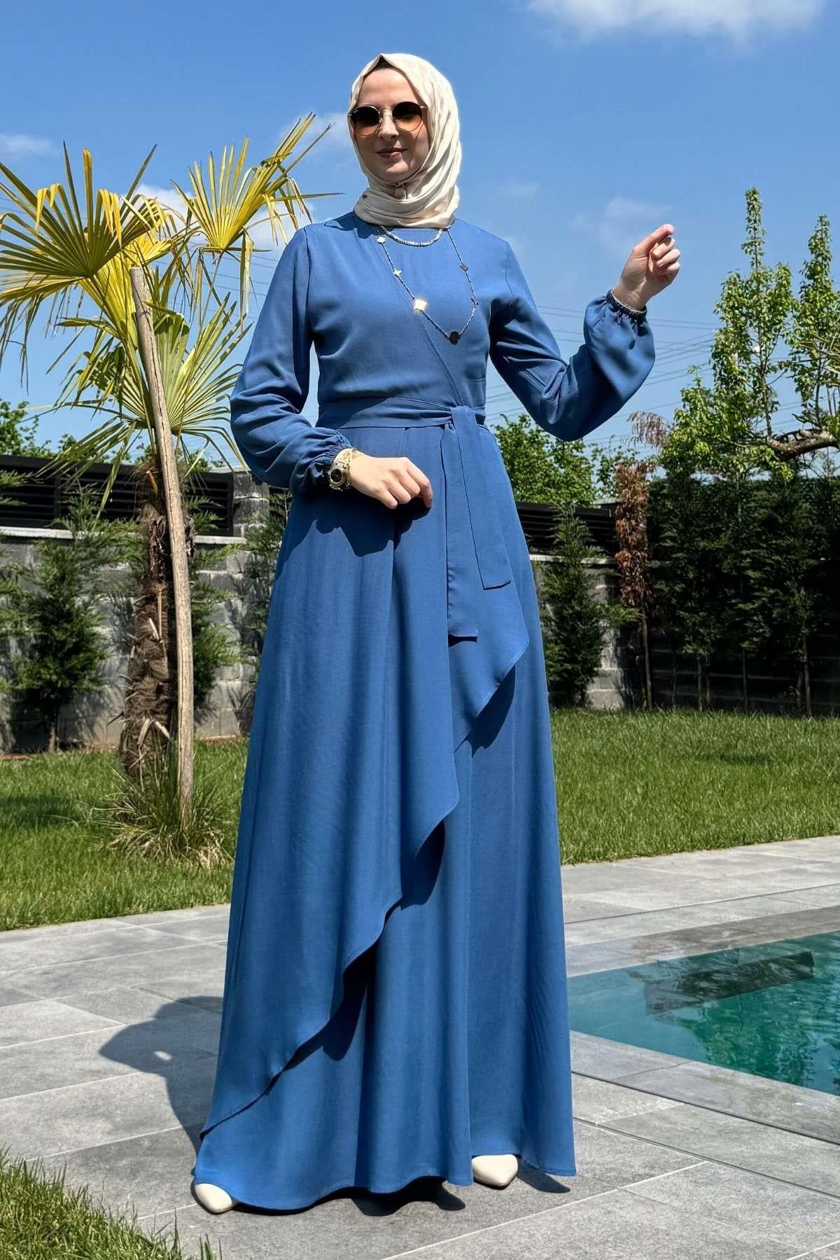 Güzide Yaprak Desenli Elbise Mavi | Rabia Şamlı | Tesettür Giyim, Elbise ve Kadın Giyim Modası