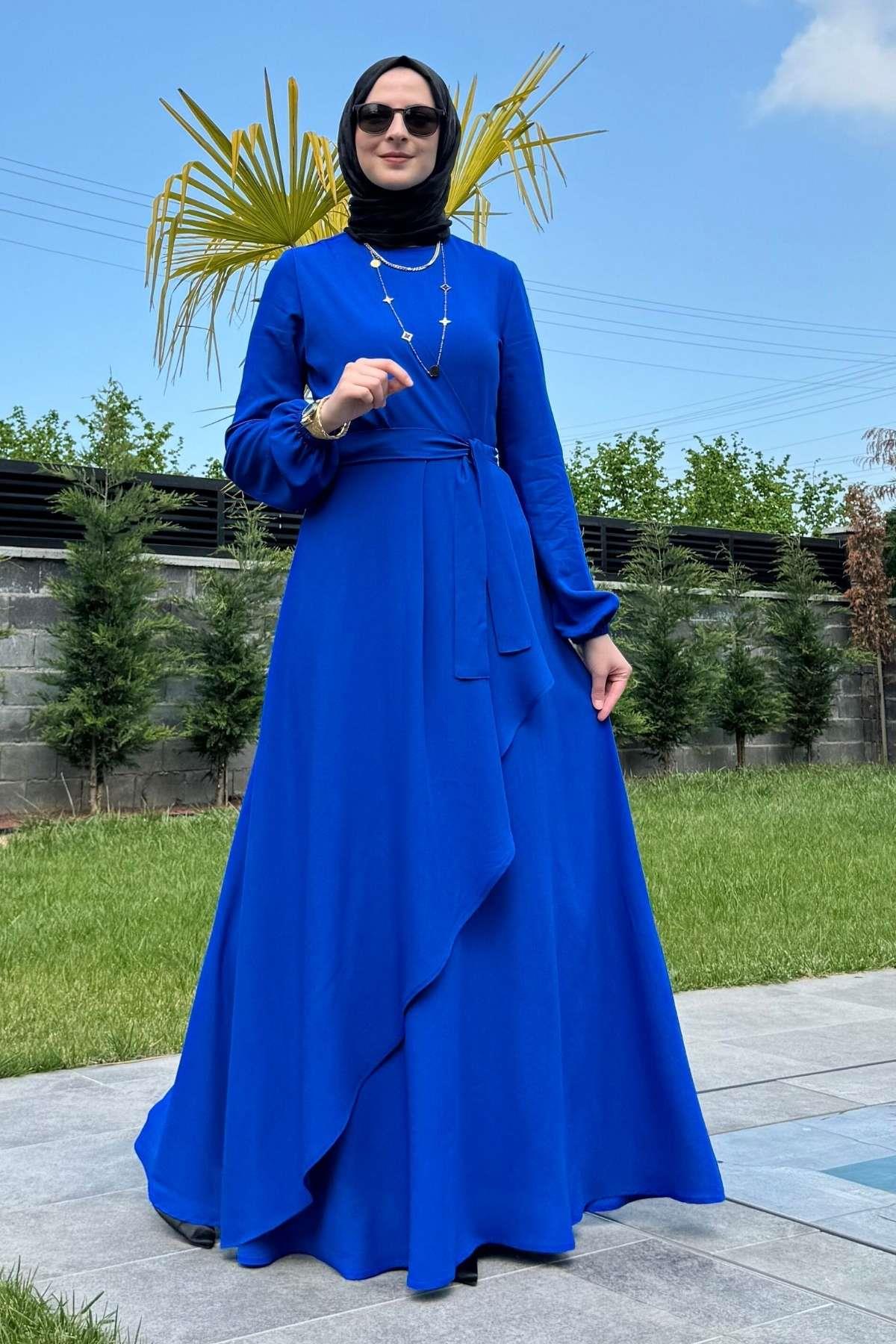 Güzide Yaprak Desenli Elbise Mavi | Rabia Şamlı | Tesettür Giyim, Elbise ve Kadın Giyim Modası