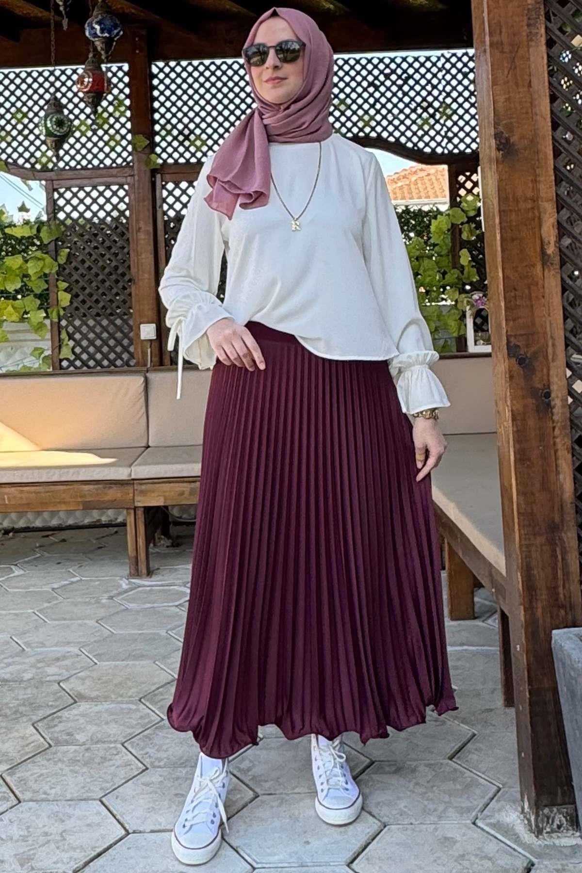 Eliz Mavi Plise Etek | Rabia Şamlı | Tesettür Giyim, Elbise ve Kadın Giyim Modası