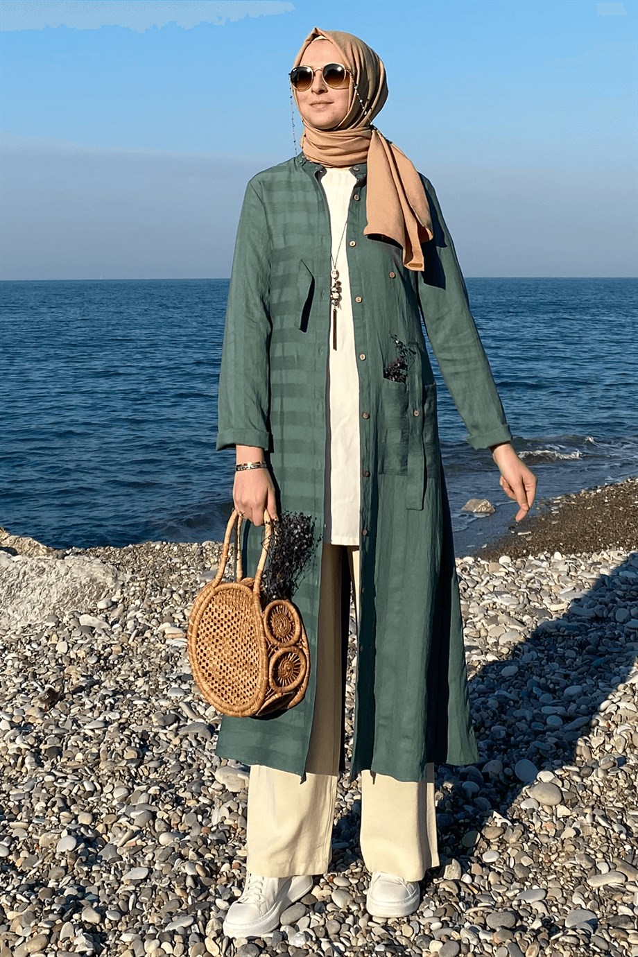 Göksel Yeşil Keten Kap | Rabia Şamlı | Tesettür Elbise ve Kadın Giyim Modası