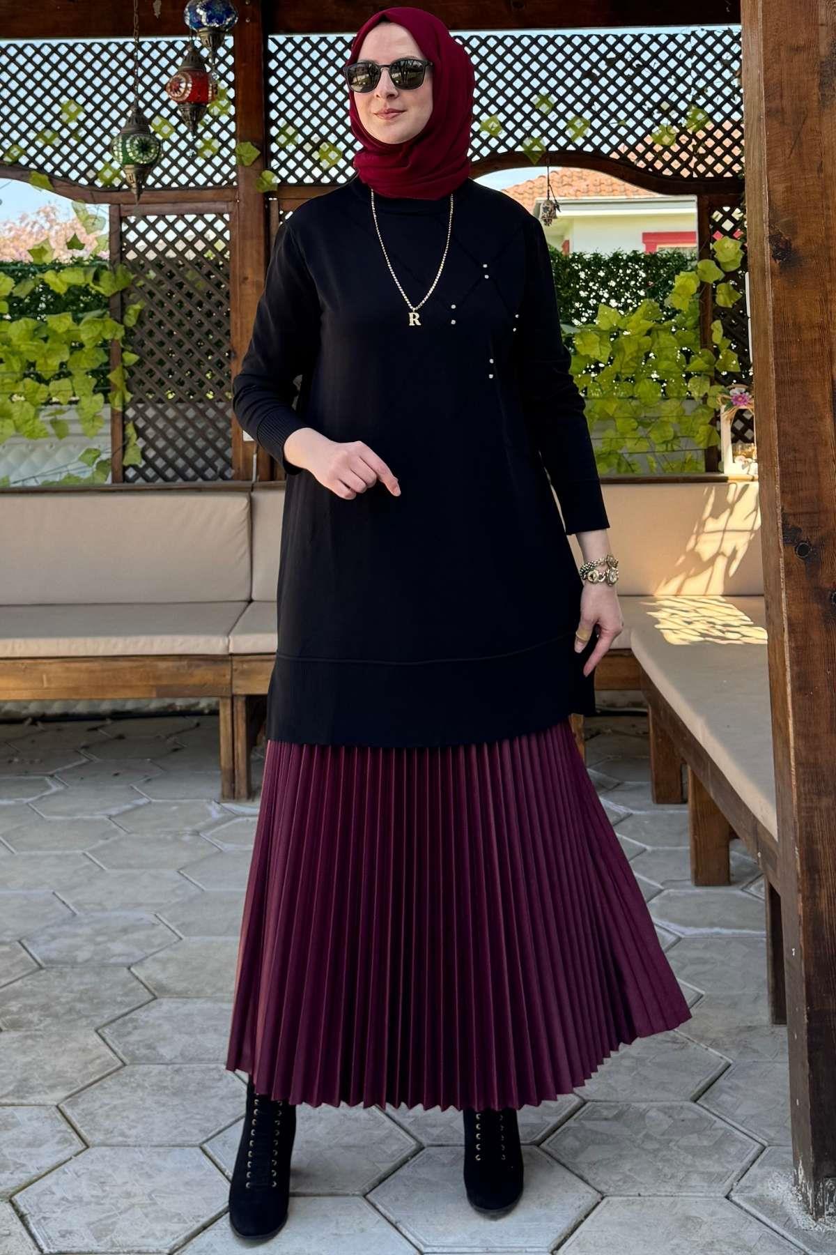 Gonca Taşlı Triko Tunik Ekru | Rabia Şamlı | Tesettür Giyim, Elbise ve Kadın Giyim Modası