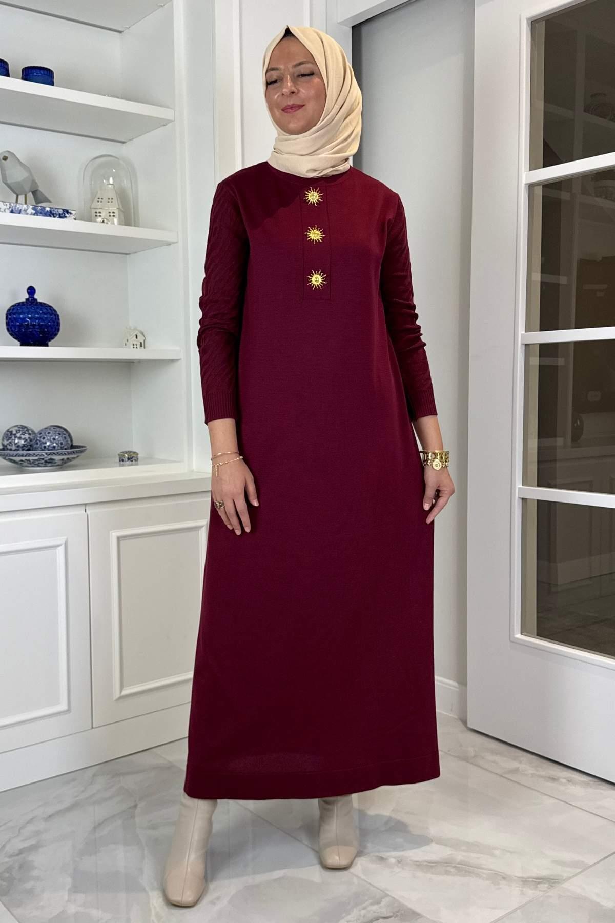 Beyza Fitilli Triko Elbise Bordo | Rabia Şamlı | Tesettür Giyim, Elbise ve Kadın Giyim Modası