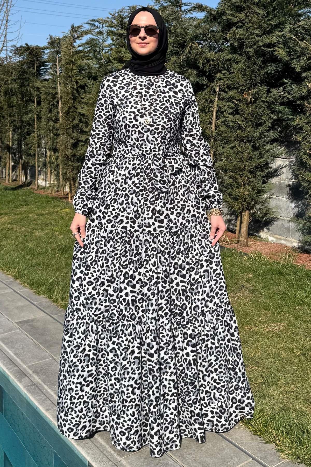 Su Desenli Elbise Kahve | Rabia Şamlı | Tesettür Giyim, Elbise ve Kadın Giyim Modası