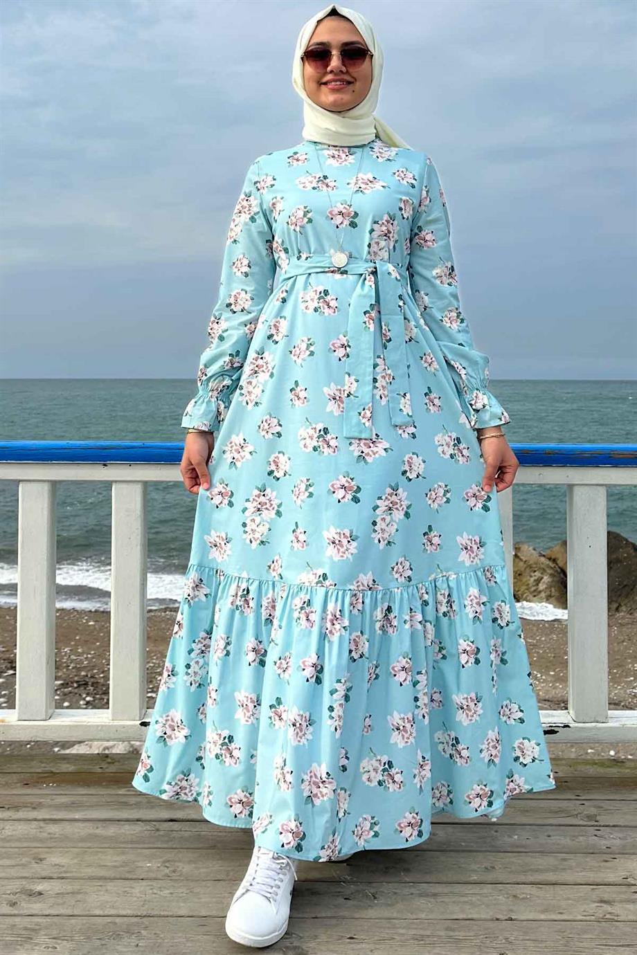 Lilyum Organik Pamuklu Elbise Su Yeşili | Rabia Şamlı | Tesettür Elbise ve  Kadın Giyim Modası