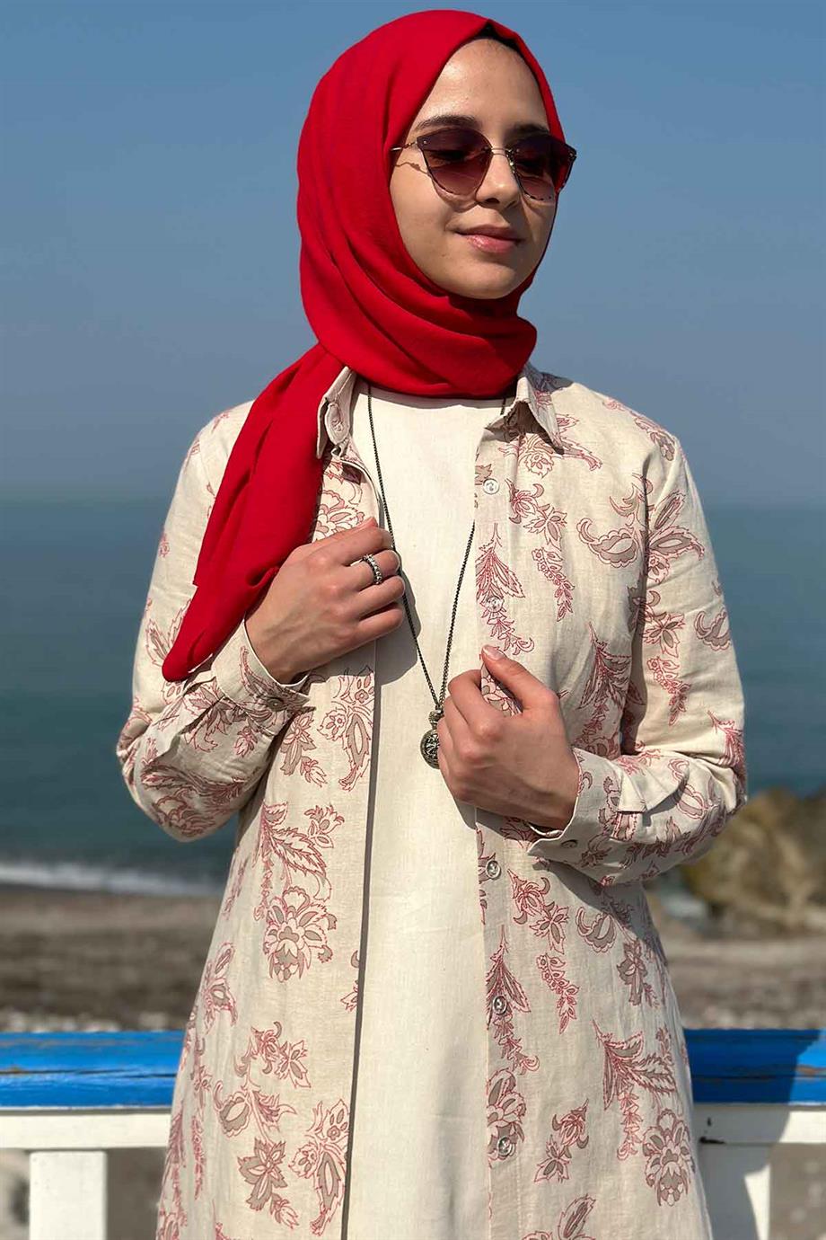 Mercan Keten 2'li (Kap+Tunik) Takım | Rabia Şamlı | Tesettür Elbise ve  Kadın Giyim Modası