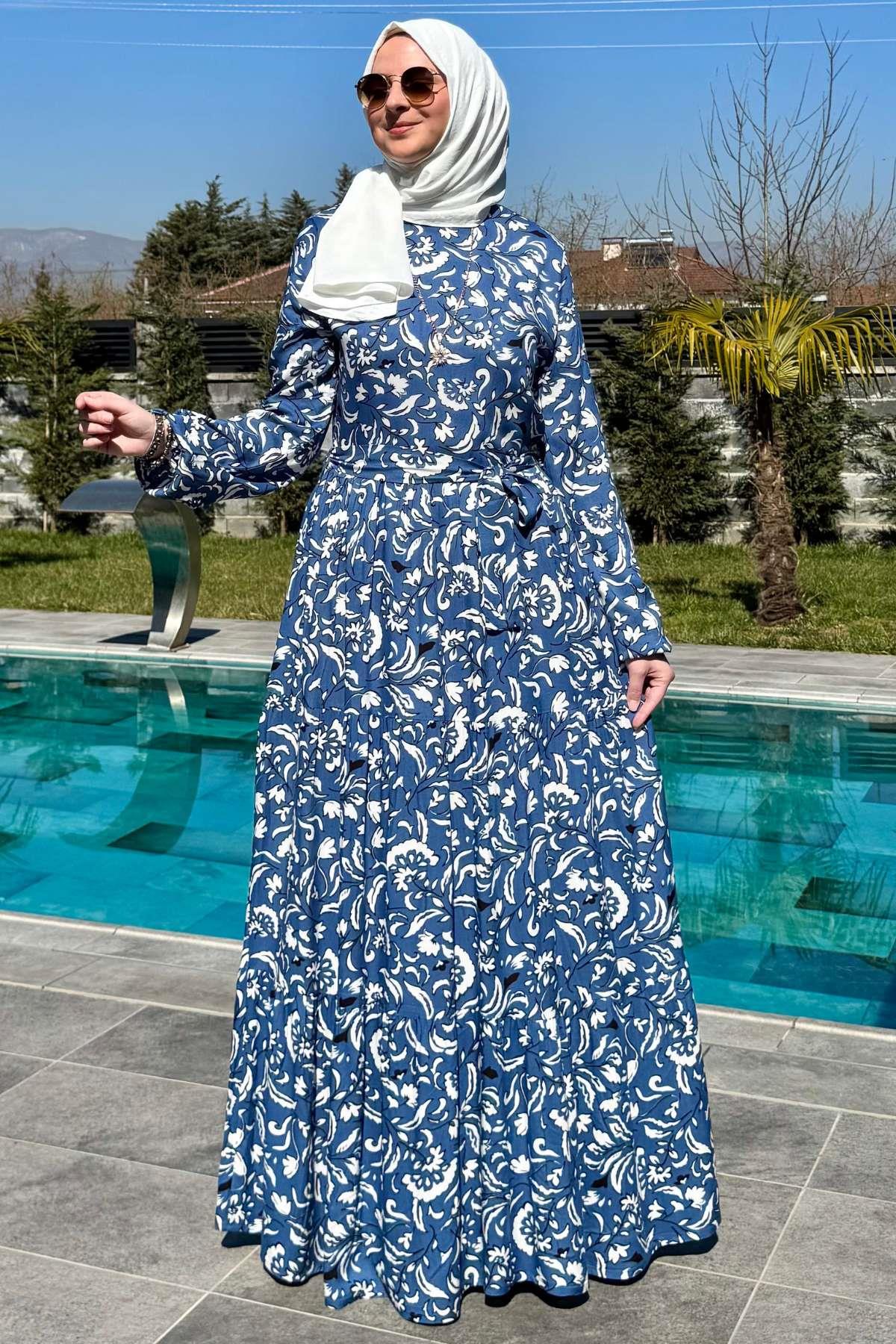 Su Desenli Elbise Kahve | Rabia Şamlı | Tesettür Giyim, Elbise ve Kadın Giyim Modası