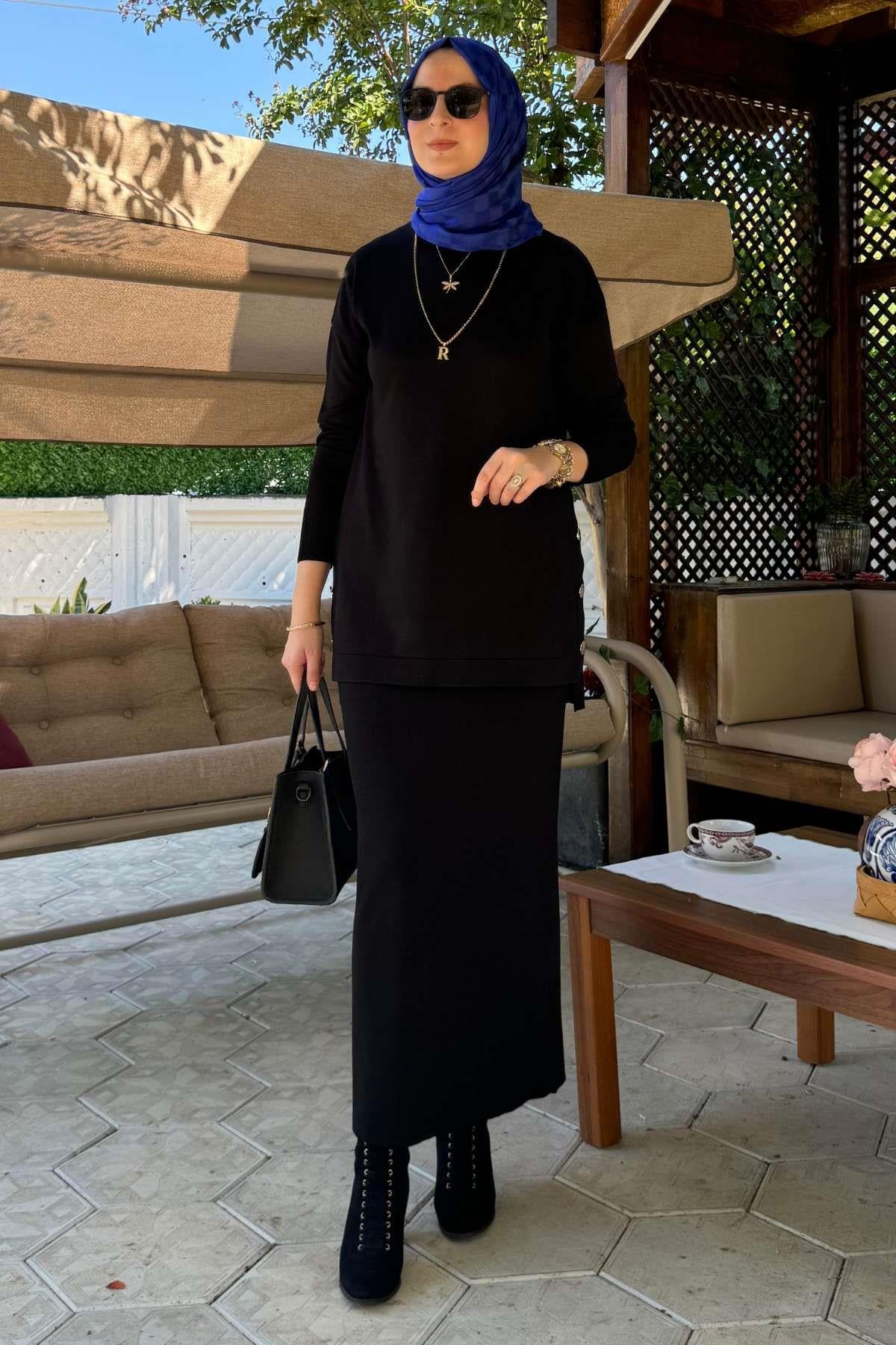 İnci Plise Etekli Triko Takım Bordo | Rabia Şamlı