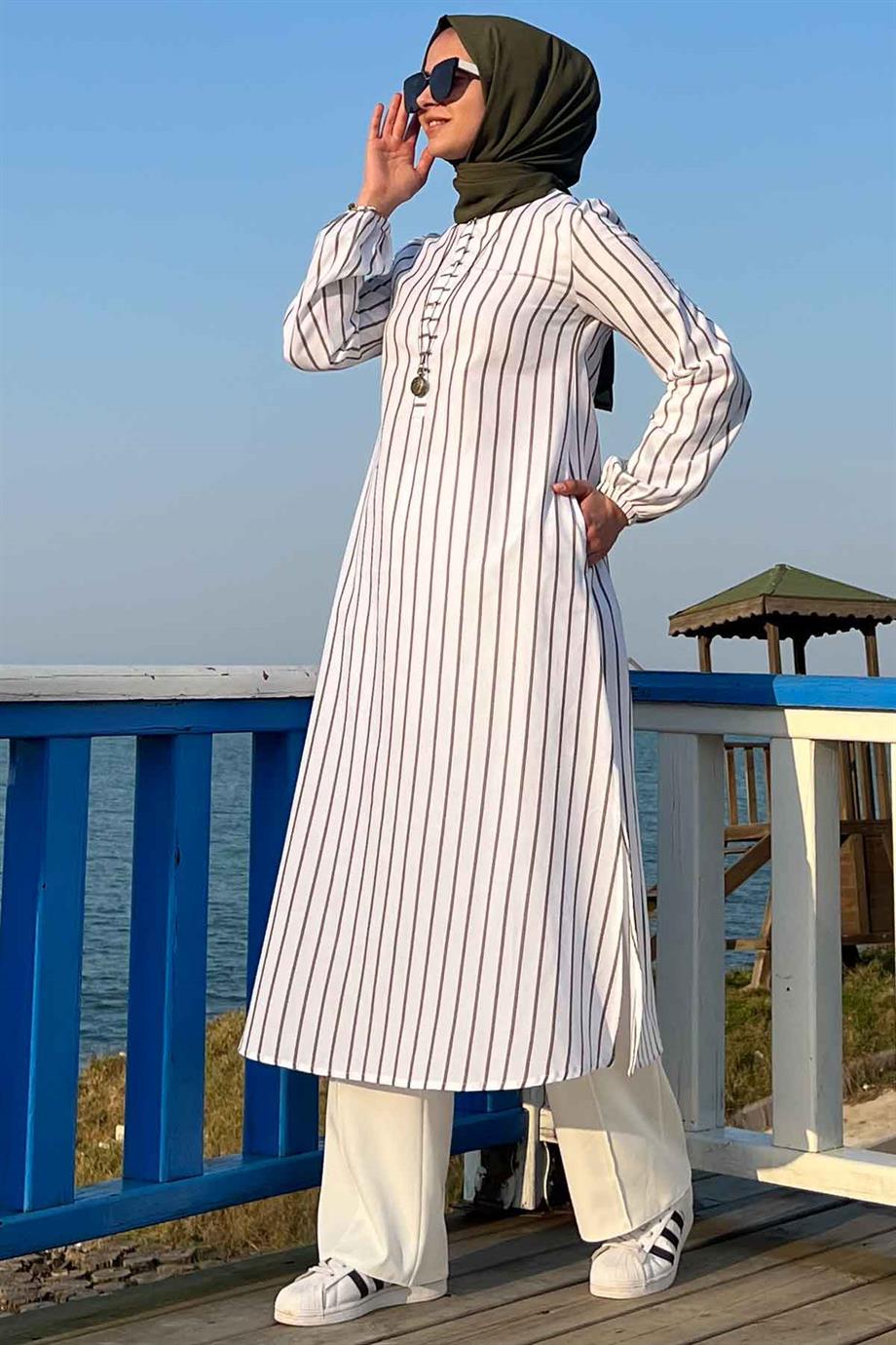 Sude Gri Çizgili Beyaz Tunik - Rabia Şamlı | Tesettür Giyim, Elbise ve  Kadın Giyim Modası