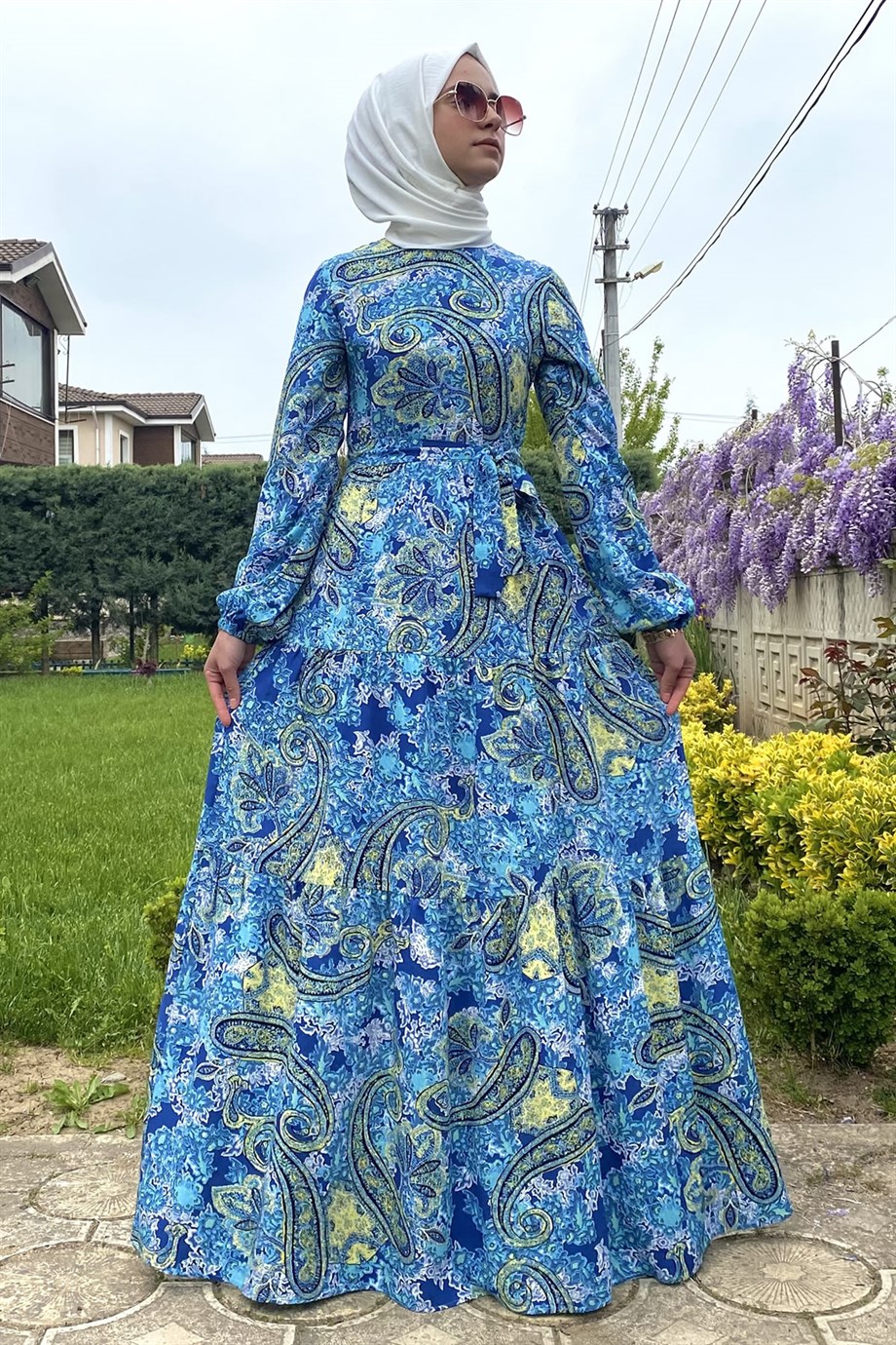 Turkuaz Şal Desenli Elbise - Rabia Şamlı | Tesettür Giyim, Elbise ve Kadın  Giyim Modası