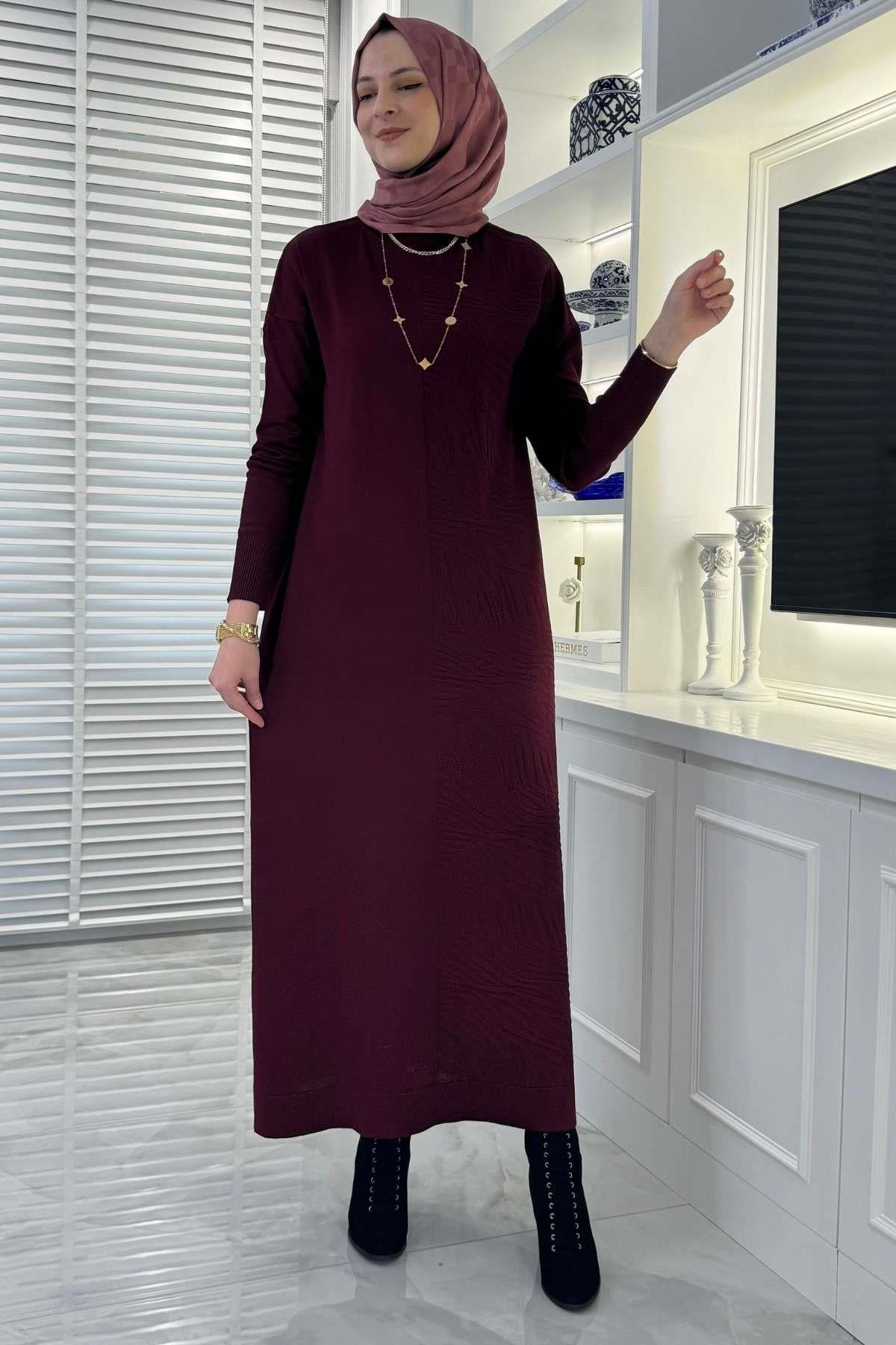 Zebra Desen Triko Elbise Bordo