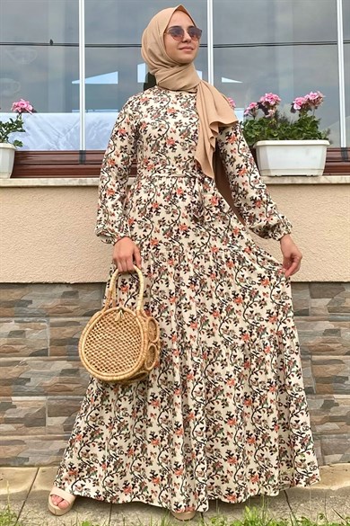 Krem Çiçekli Elbise - Rabia Şamlı | Tesettür Giyim, Elbise ve Kadın Giyim  Modası