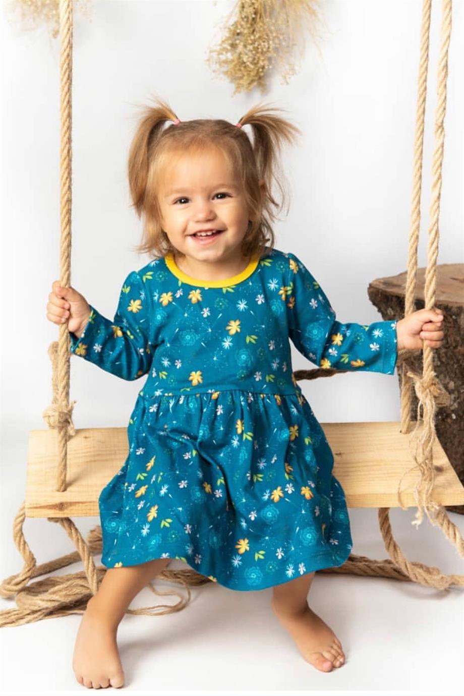 WalkiddyElbiseÇiçek Desenli Dijital Baskılı Organik Çocuk Belden Büzgülü Elbise