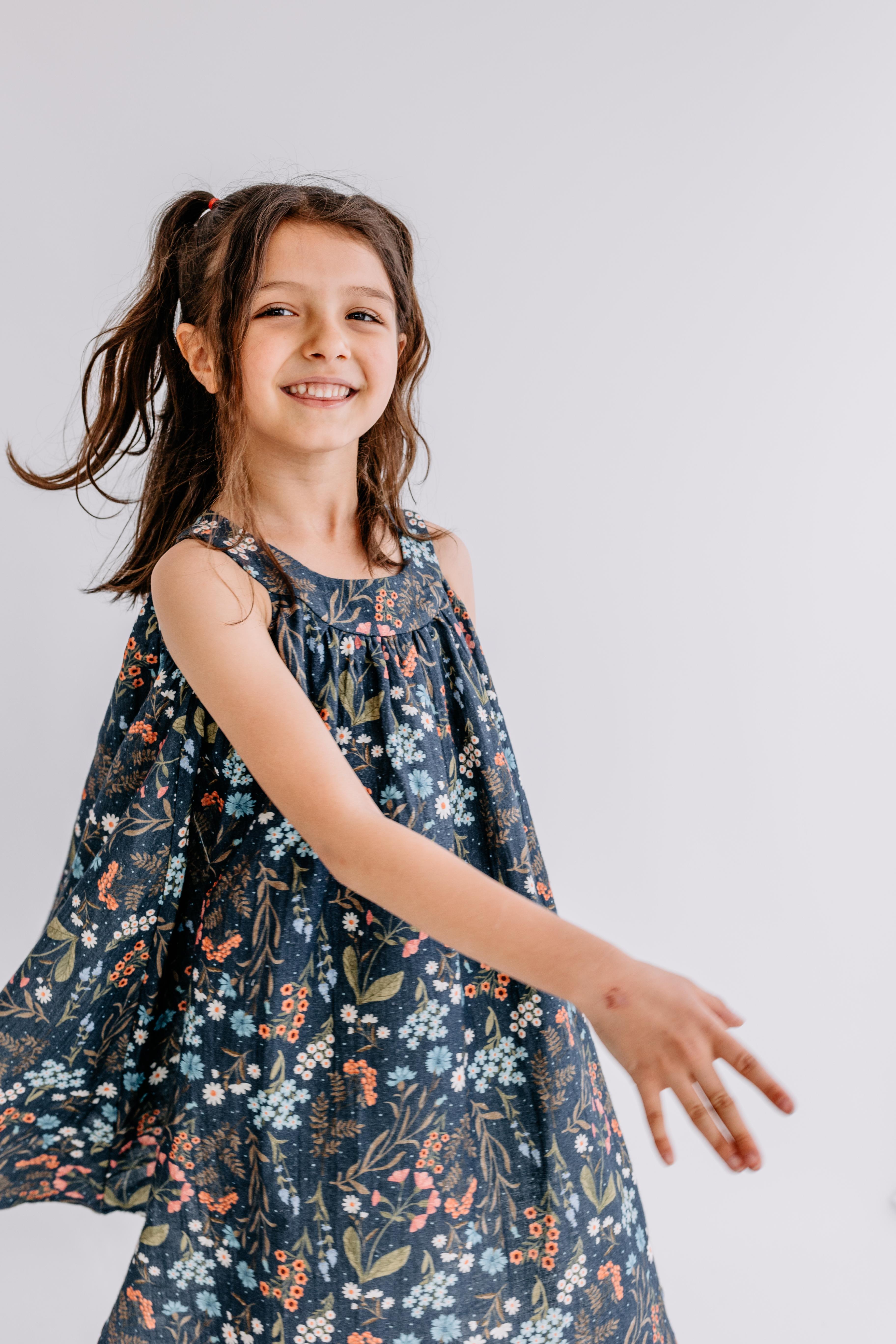 WalkiddyElbiseLacivert Çiçekli Organik Müslin Flare Elbise