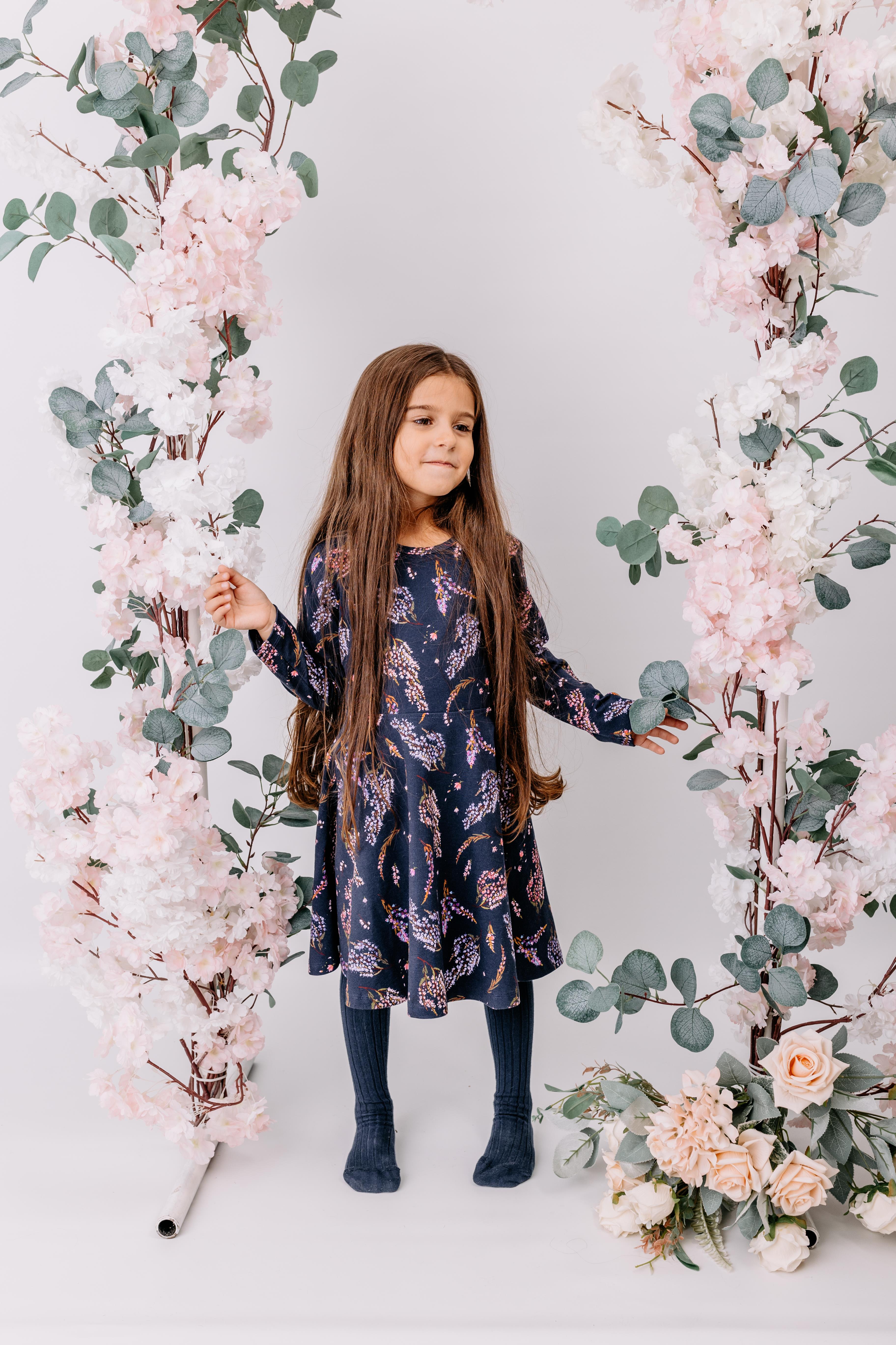 WalkiddyElbiseLacivert Zemin Çiçekli Kloş Elbise