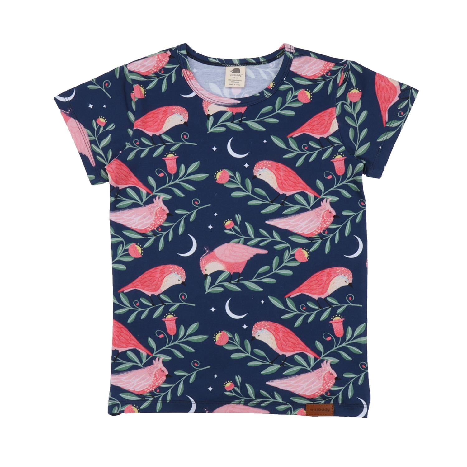 WalkiddyT-ShirtPembe Kuş Desenli Organik Bebek Tişört