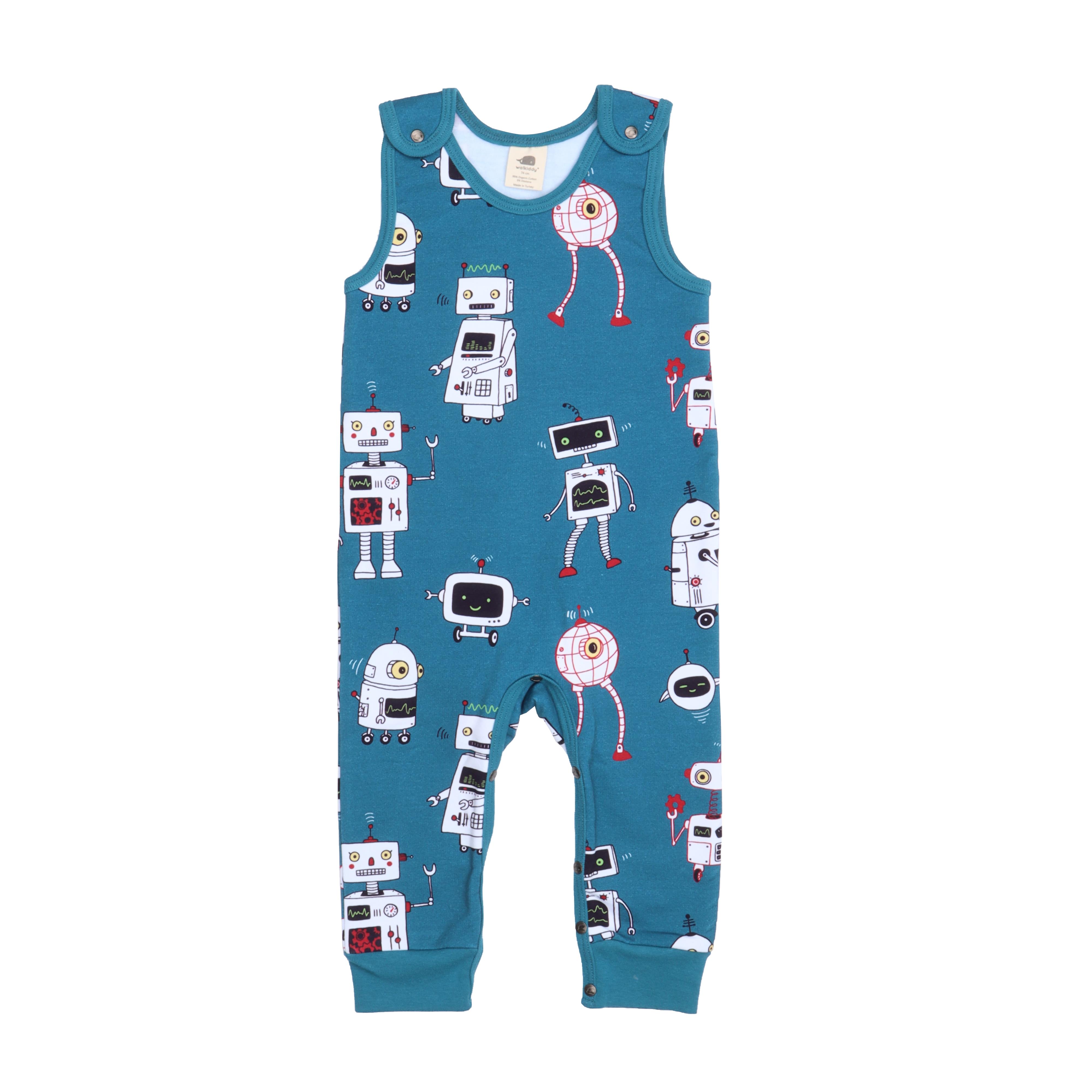 WalkiddyTulumRobot Desenli Organik Bebek Salopet