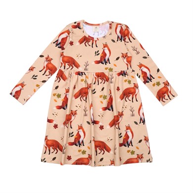 WalkiddyElbiseRed Foxes Tilki Desenli Uzun Kollu Belden Büzgülü Çocuk Elbise
