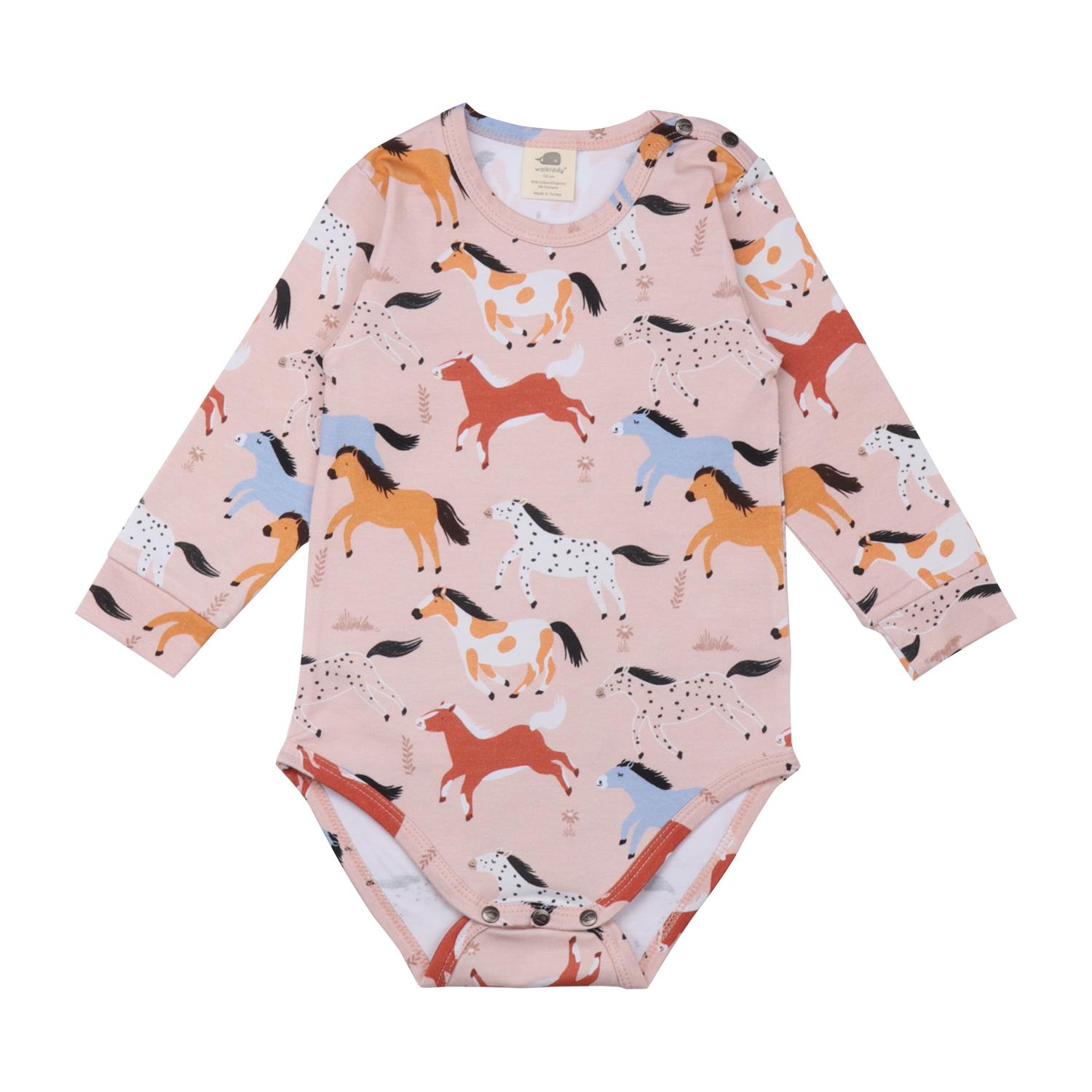 WalkiddyBodyBebek Atlar Desenli Organik Bebek Body