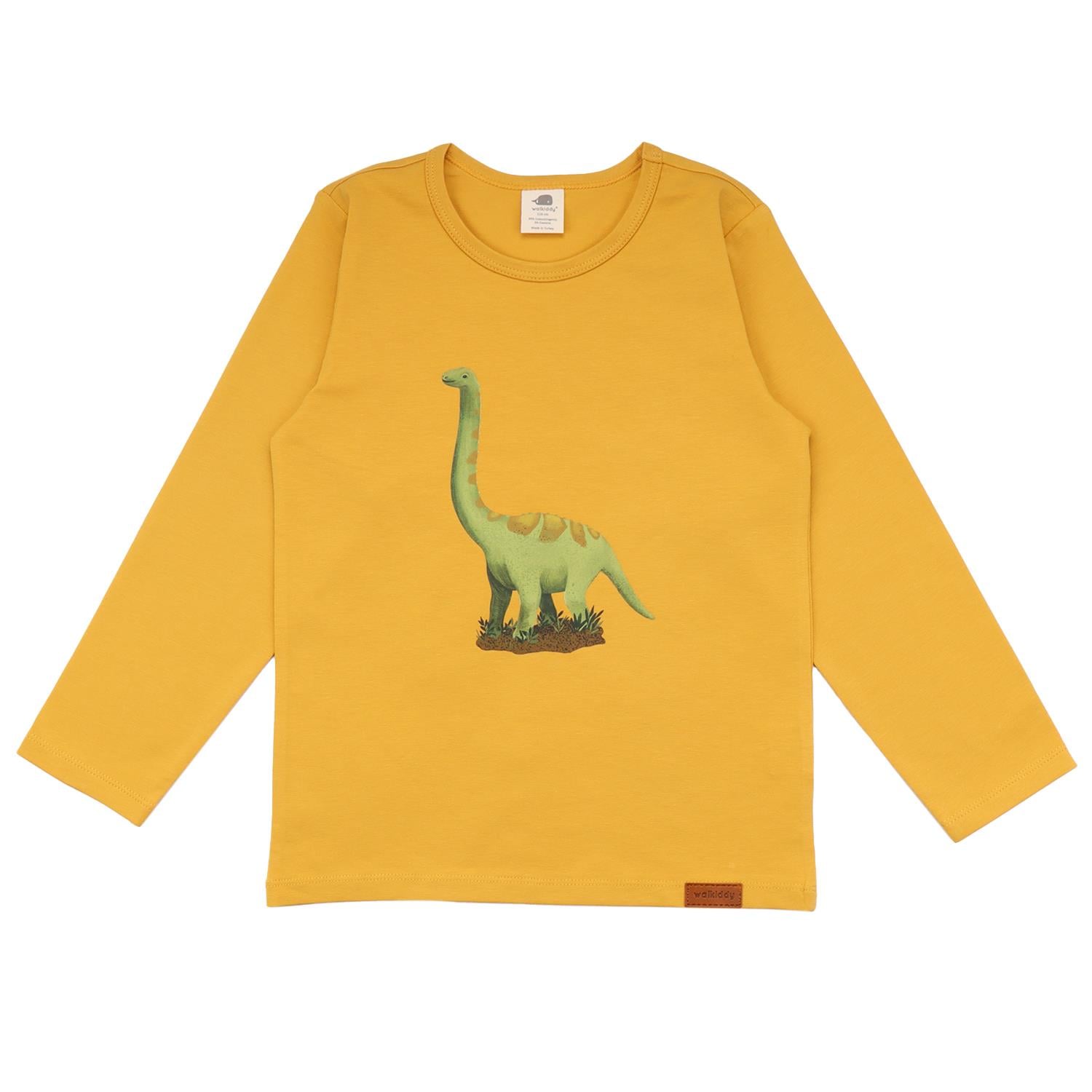 WalkiddyT-ShirtSarı Zemin Dinozor Baskılı Organik Uzun Kollu Bebek Tişört