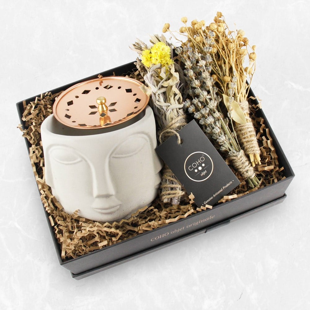 Coho Box Faces Bakır Kapaklı Tütsülük & Üzerlik & Adaçayı & Lavanta Hediye Seti