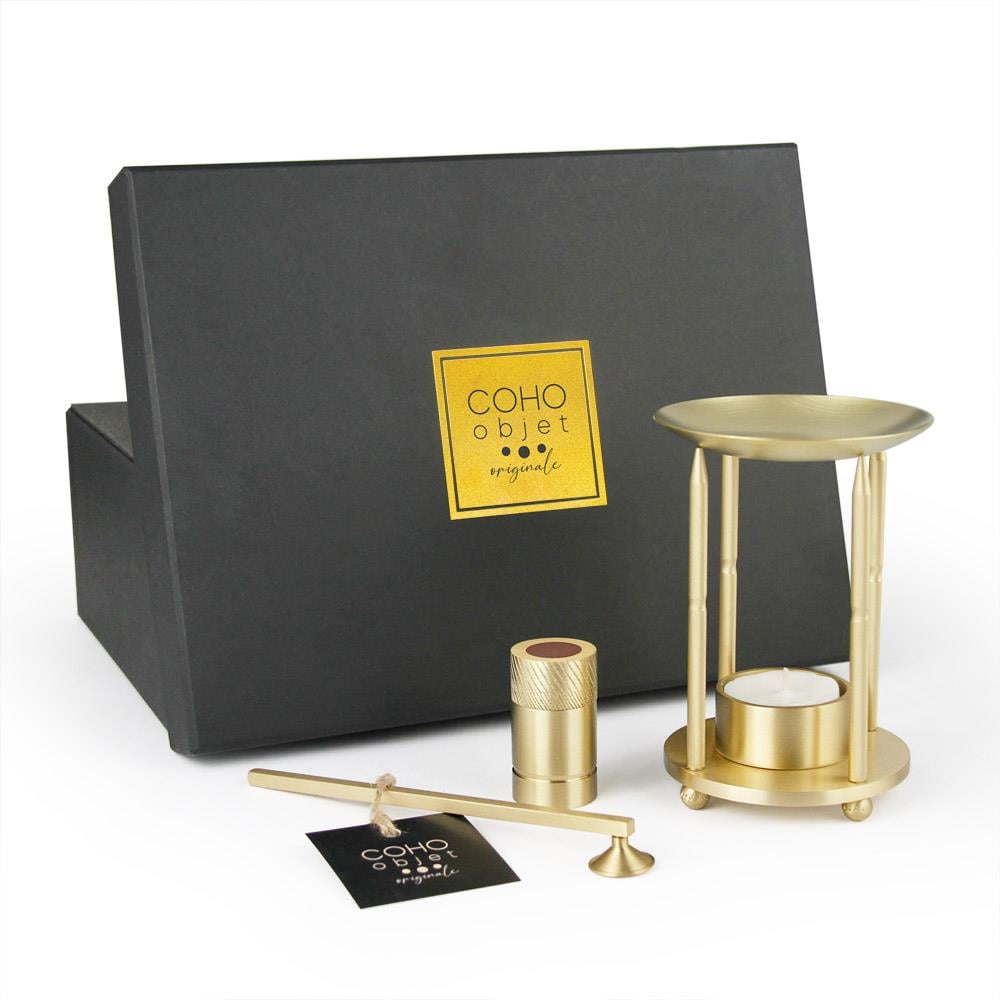 Coho Lux Pirinç Aromaterapi Buhurdanlık & Mumluk & Mum Söndürücü & Kibritlik Set