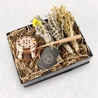Coho Box Artisan Dövme Bakır Tütsü Çanağı & Üzerlik & Adaçayı & Lavanta Hediye Seti