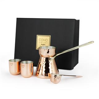 Coho Box Hatır Dövme Bakır Cezve & Kaşık & 2 li Bardak Hediye Seti