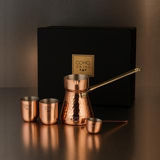 Coho Box Hatır Dövme Bakır Cezve & Kaşık & 2 li Bardak Hediye Seti