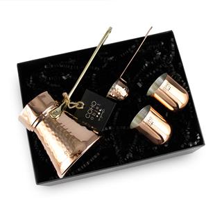 Coho Box Hatır Dövme Bakır Cezve & Kaşık & 2 li Bardak Hediye Seti