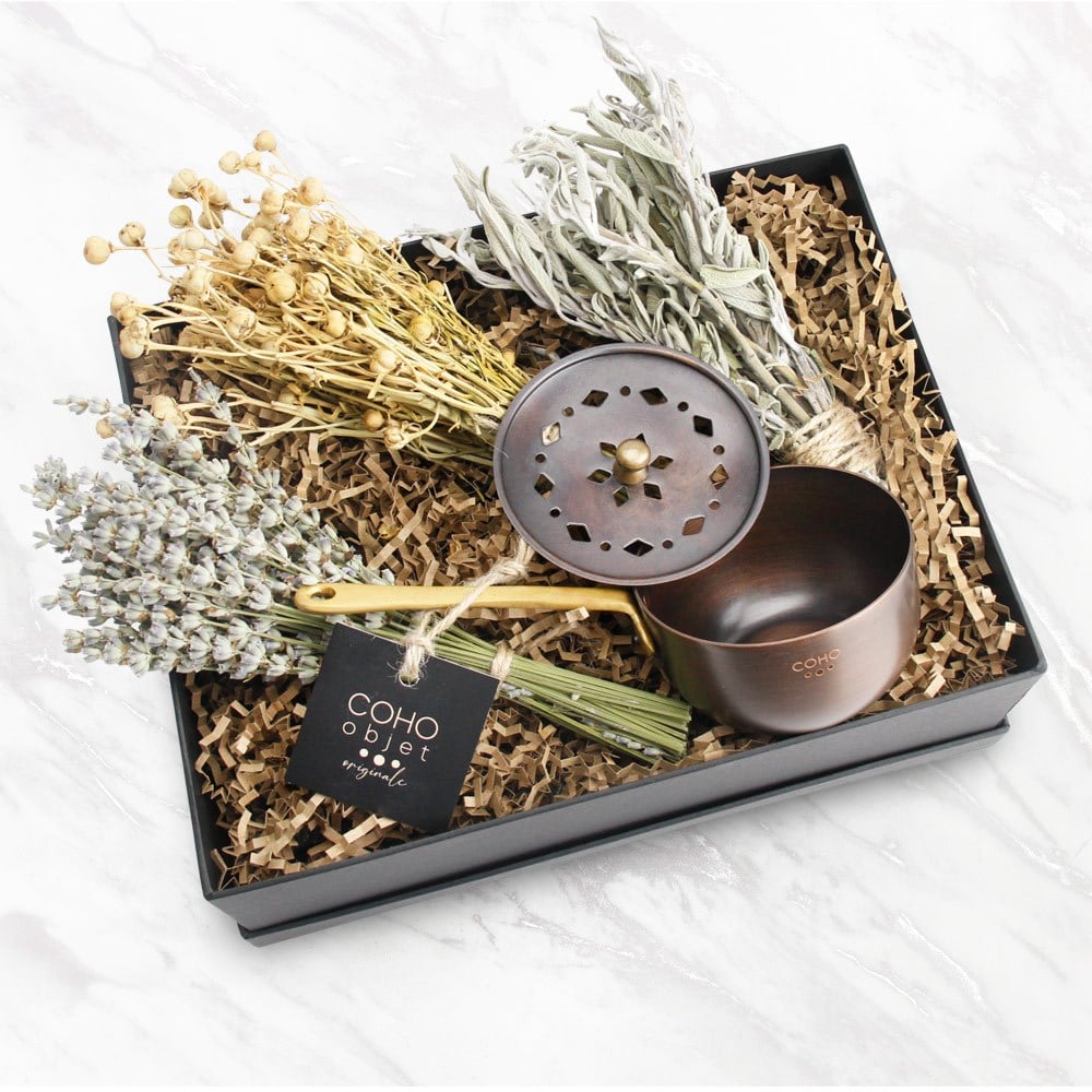 Coho Box Antique Tütsü Gezdirme Çanağı & Üzerlik & Adaçayı & Lavanta Hediye Seti